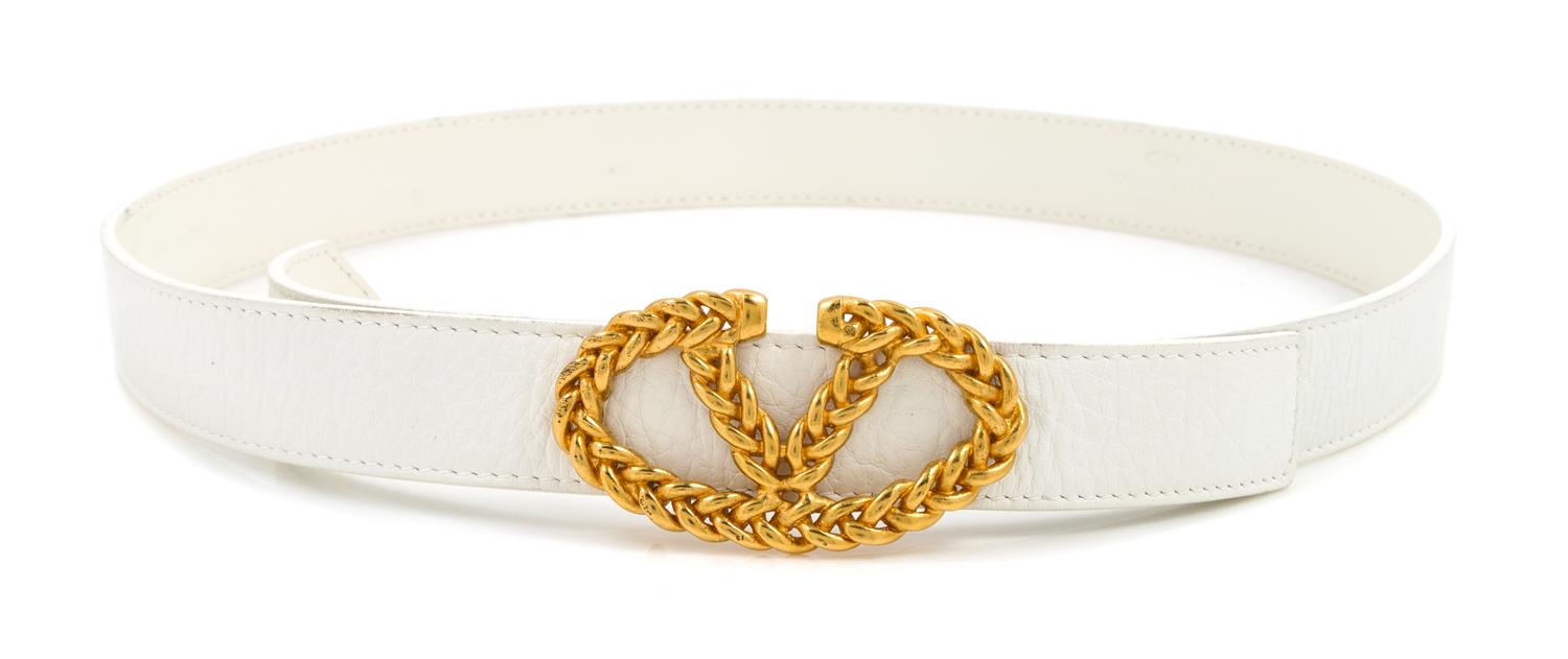 A Valentino White Leather Belt, 37"- 33" x 1.25".