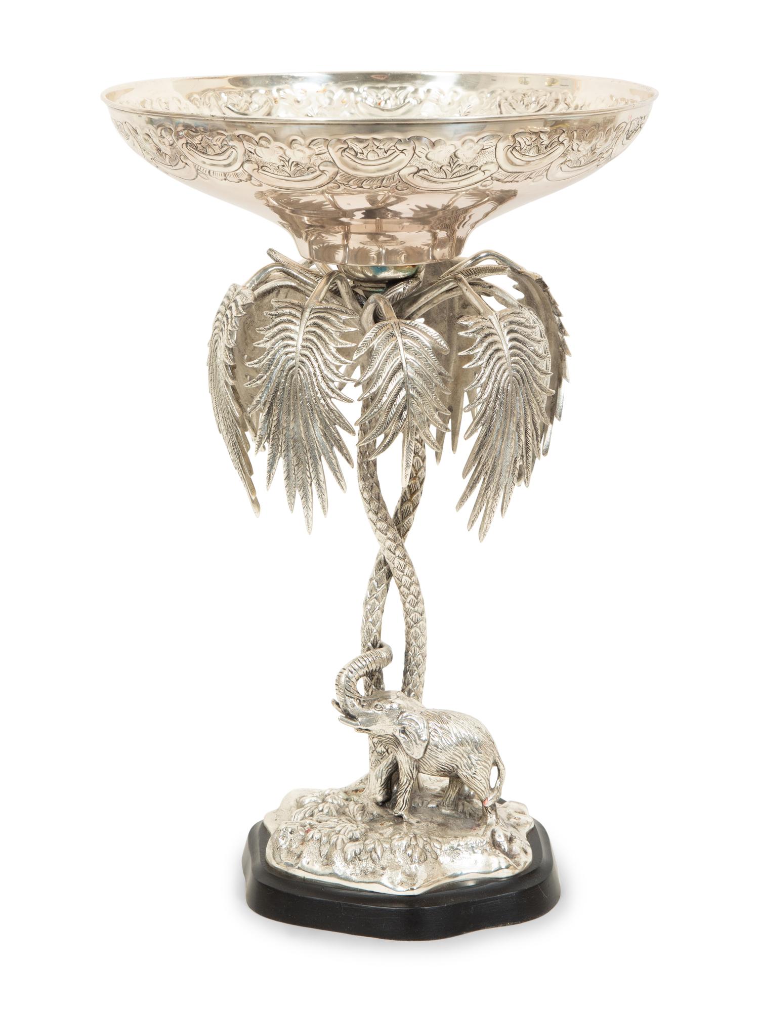 A Victorian Style Silver-Plate Palm Tree and Elephant Centerpiece