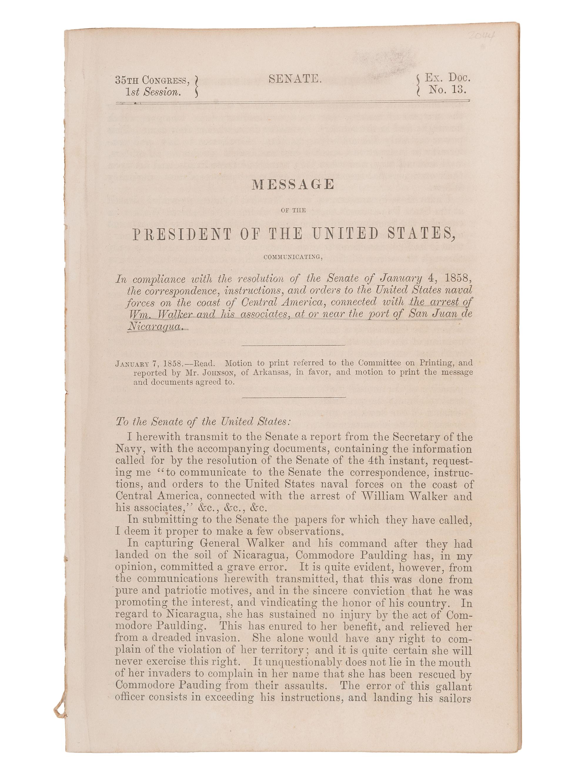 [FILIBUSTERS -- WALKER, William (1824-1860)]. Small grouping related to William Walker and the "Walker Expedition" to Nicaragua.