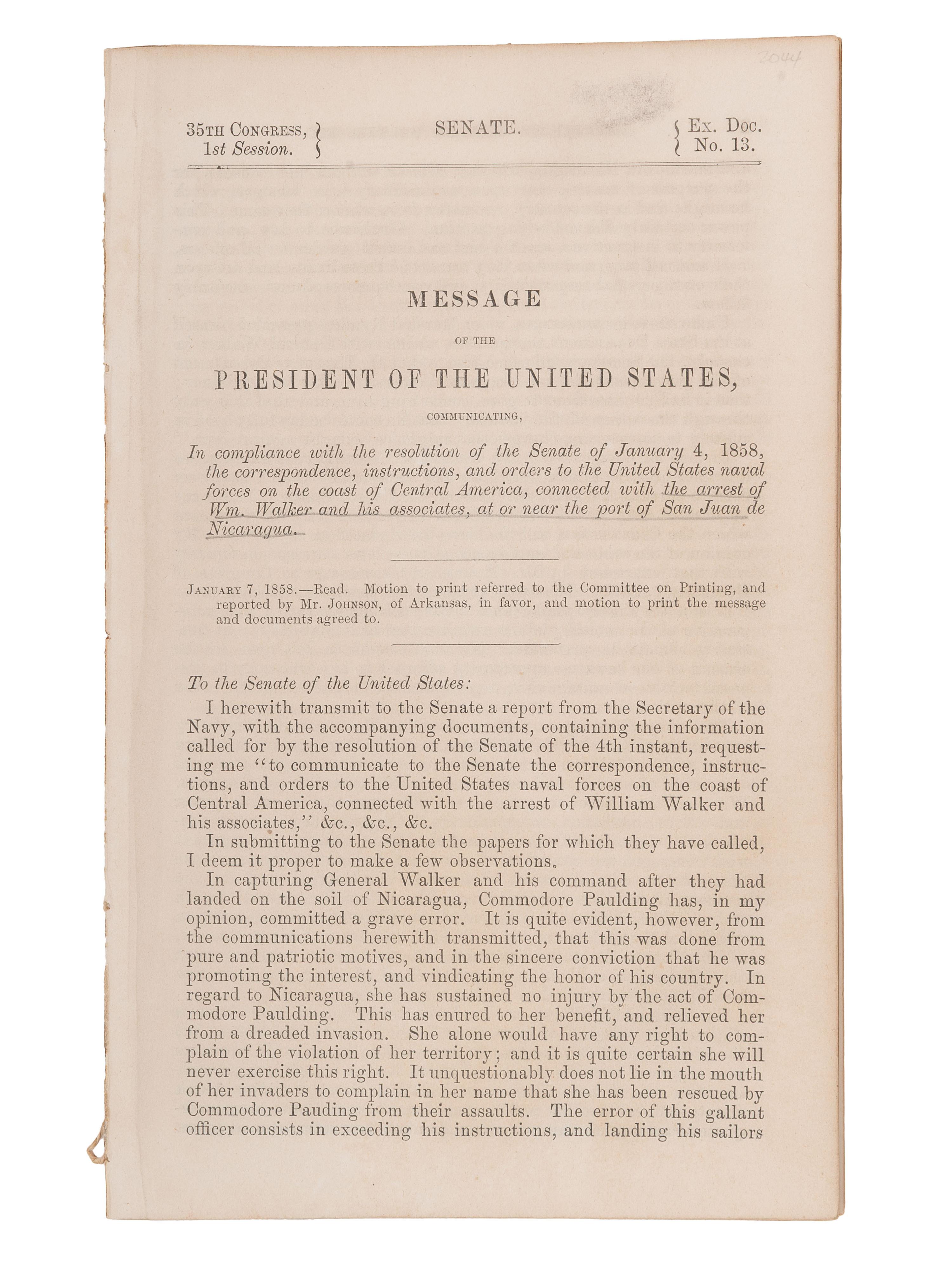 [FILIBUSTERS -- WALKER, William (1824-1860)]. Small grouping related to William Walker and the "Walker Expedition" to Nicaragua.