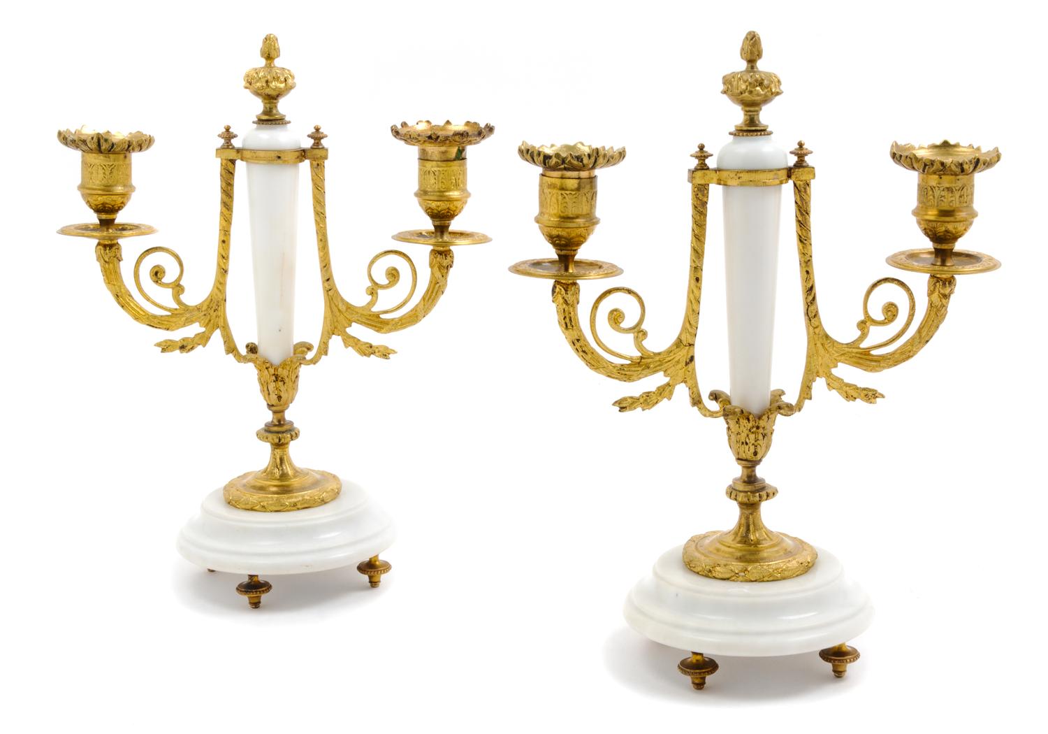 A Pair of French Gilt Bronze Mounted Marble Candlesticks Height 11 inches. — LATE 19TH CENTURY