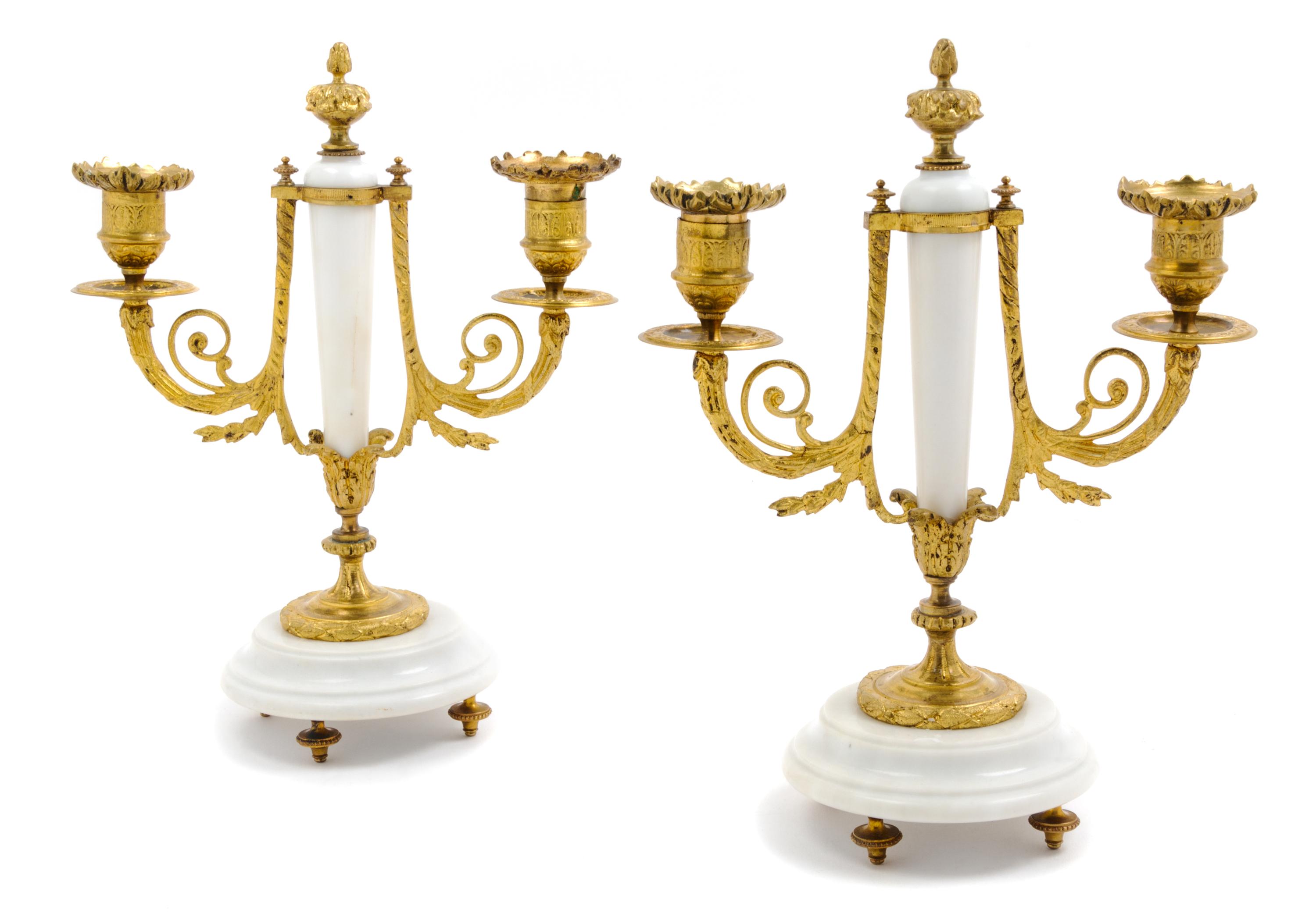 A Pair of French Gilt Bronze Mounted Marble Candlesticks Height 11 inches. — LATE 19TH CENTURY