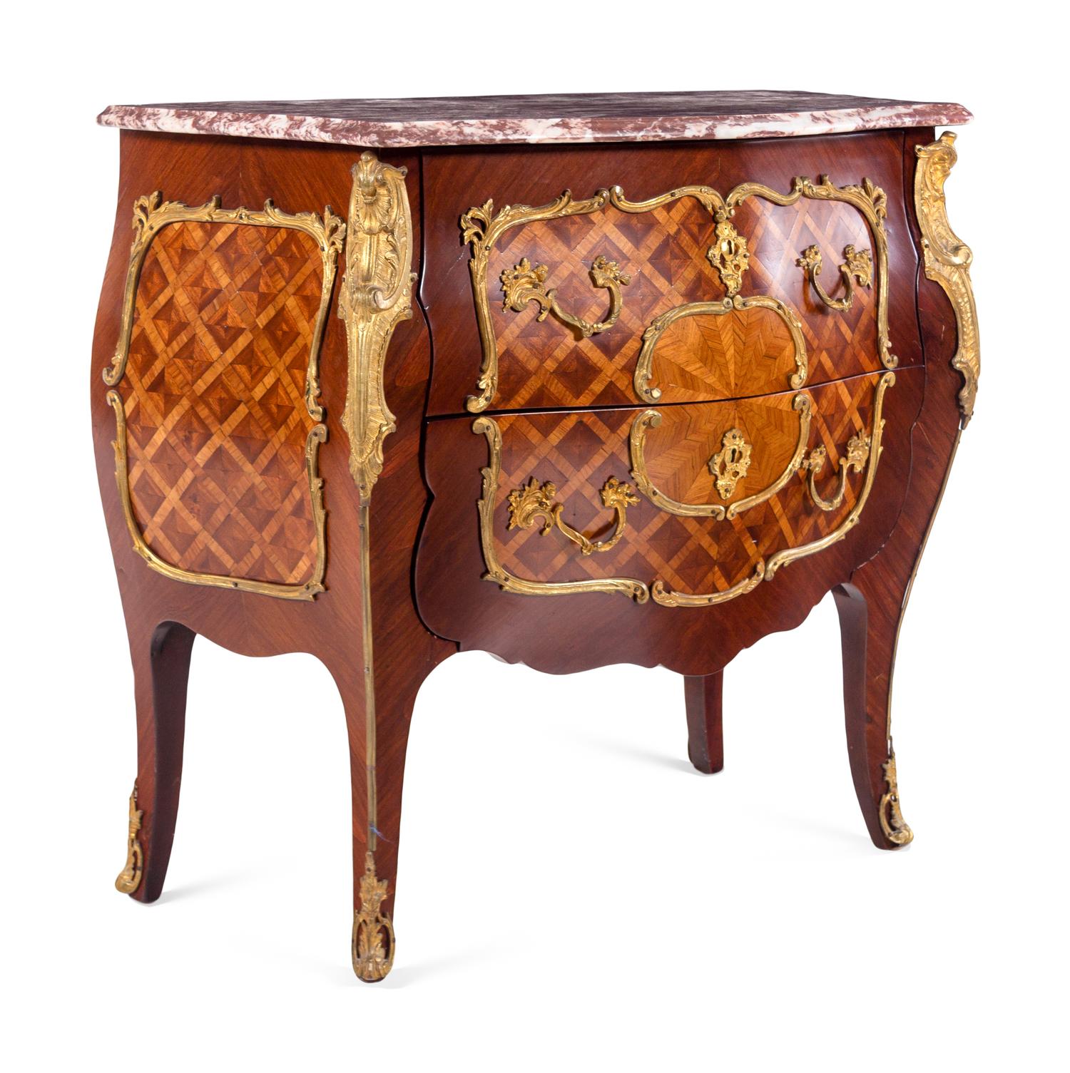 A Louis XV Style Gilt Bronze Mounted Parquetry Marble-Top Commode