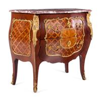 A Louis XV Style Gilt Bronze Mounted Parquetry Marble-Top Commode