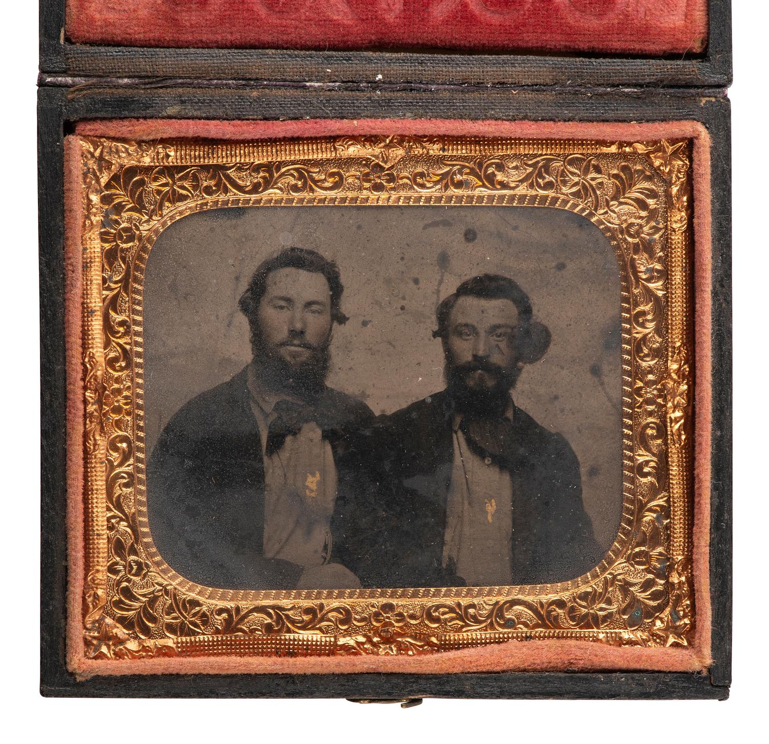 [WESTERN AMERICANA - MINING]. Quarter plate and sixth plate tintypes of gold miners, including portrait of identified "California Gold Seekers," James Standley and Nate Hadden. Ca 1860.