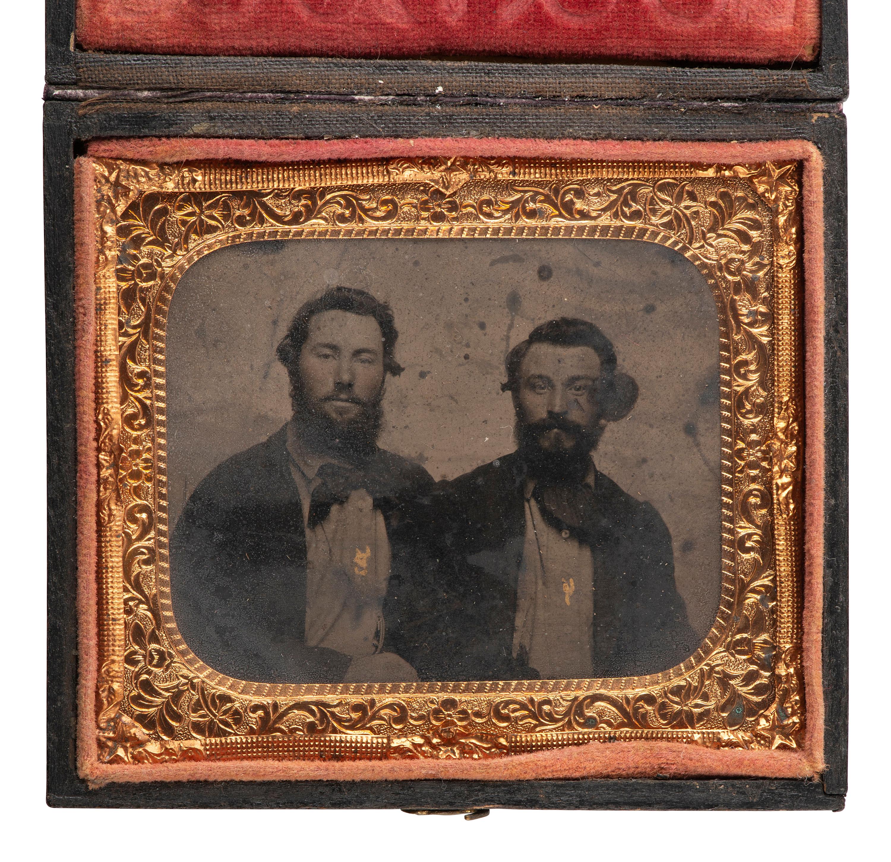 [WESTERN AMERICANA - MINING]. Quarter plate and sixth plate tintypes of gold miners, including portrait of identified "California Gold Seekers," James Standley and Nate Hadden. Ca 1860.