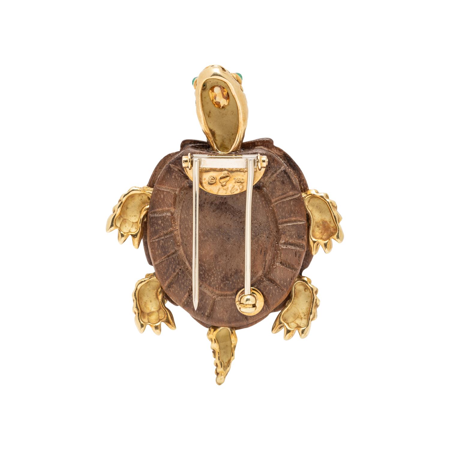 SEAMAN SCHEPPS, WOOD AND CORAL TURTLE BROOCH