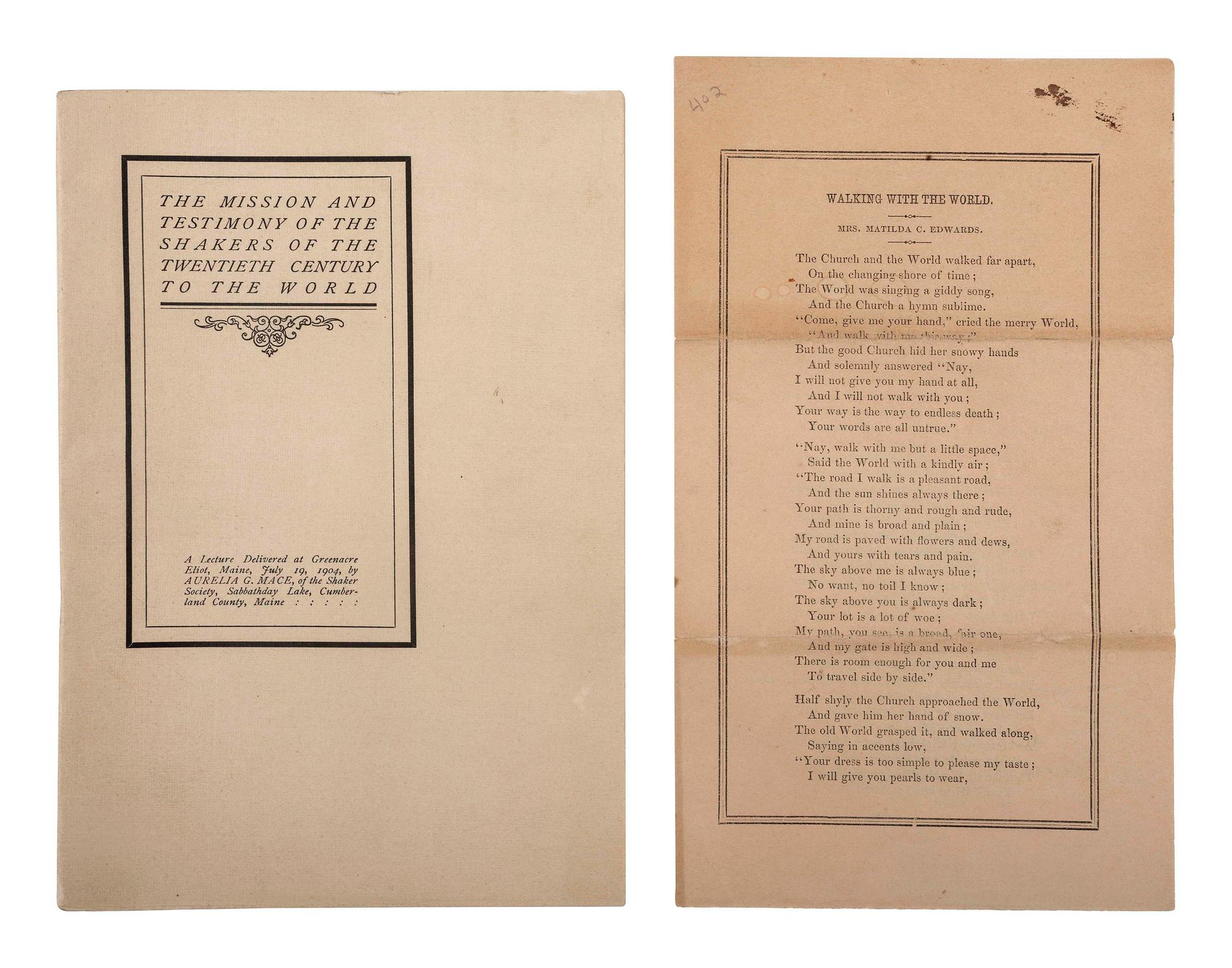 [RELIGION]. A pair of scarce Shaker publications by women, comprising: