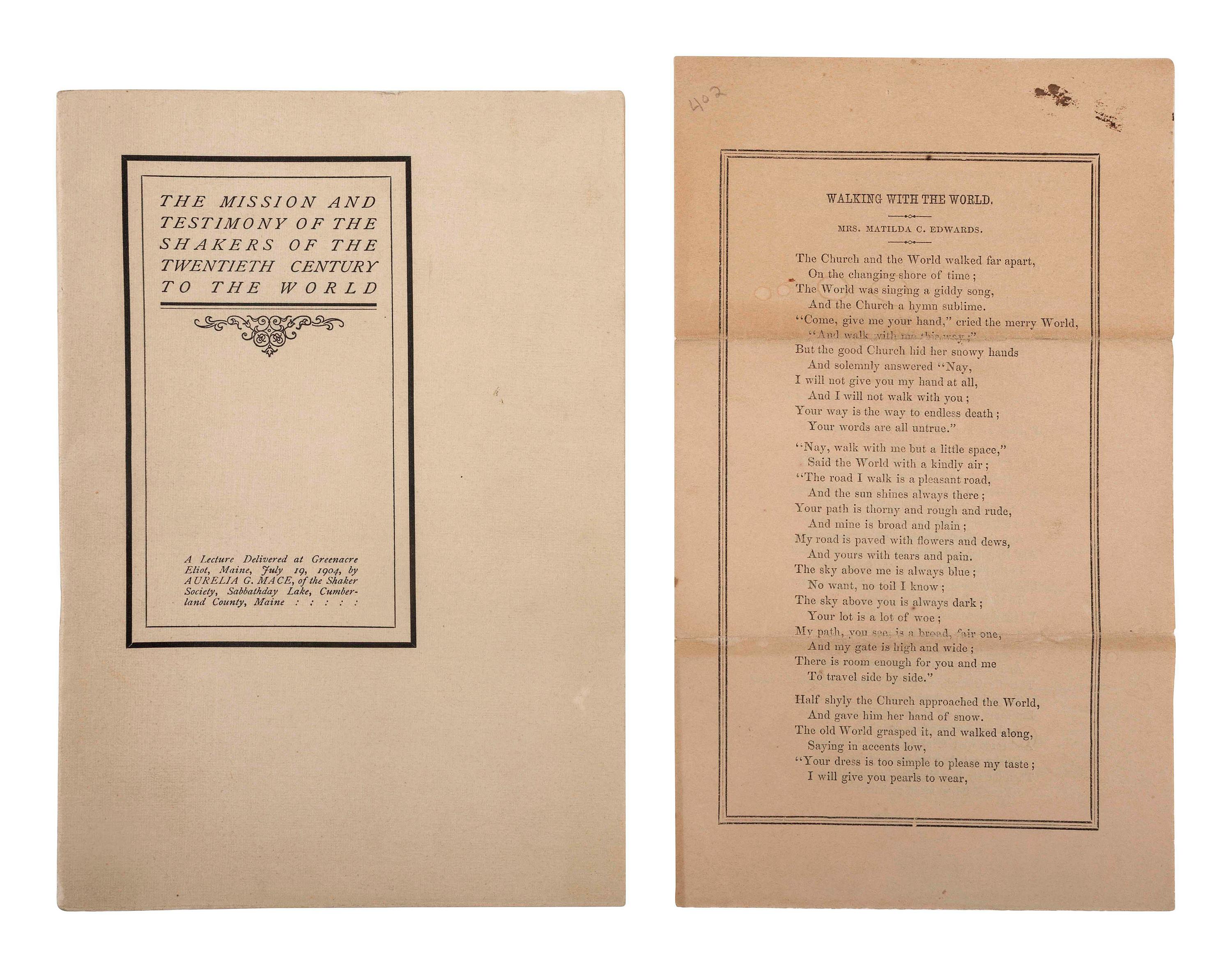 [RELIGION]. A pair of scarce Shaker publications by women, comprising: