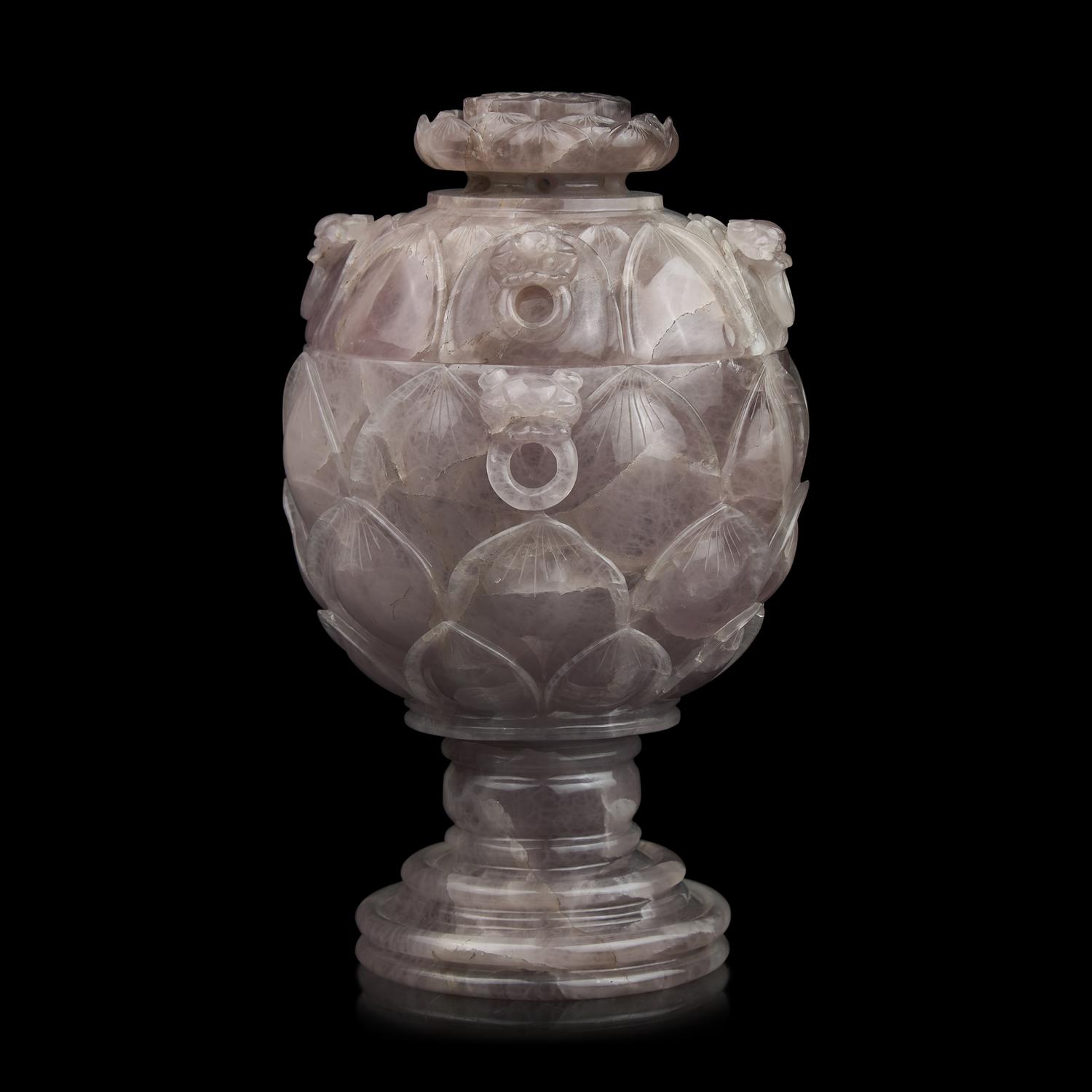 A Large Chinese Carved Amethystine Quartz "Lotus" Footed Vessel and Cover
