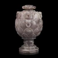 A Large Chinese Carved Amethystine Quartz "Lotus" Footed Vessel and Cover