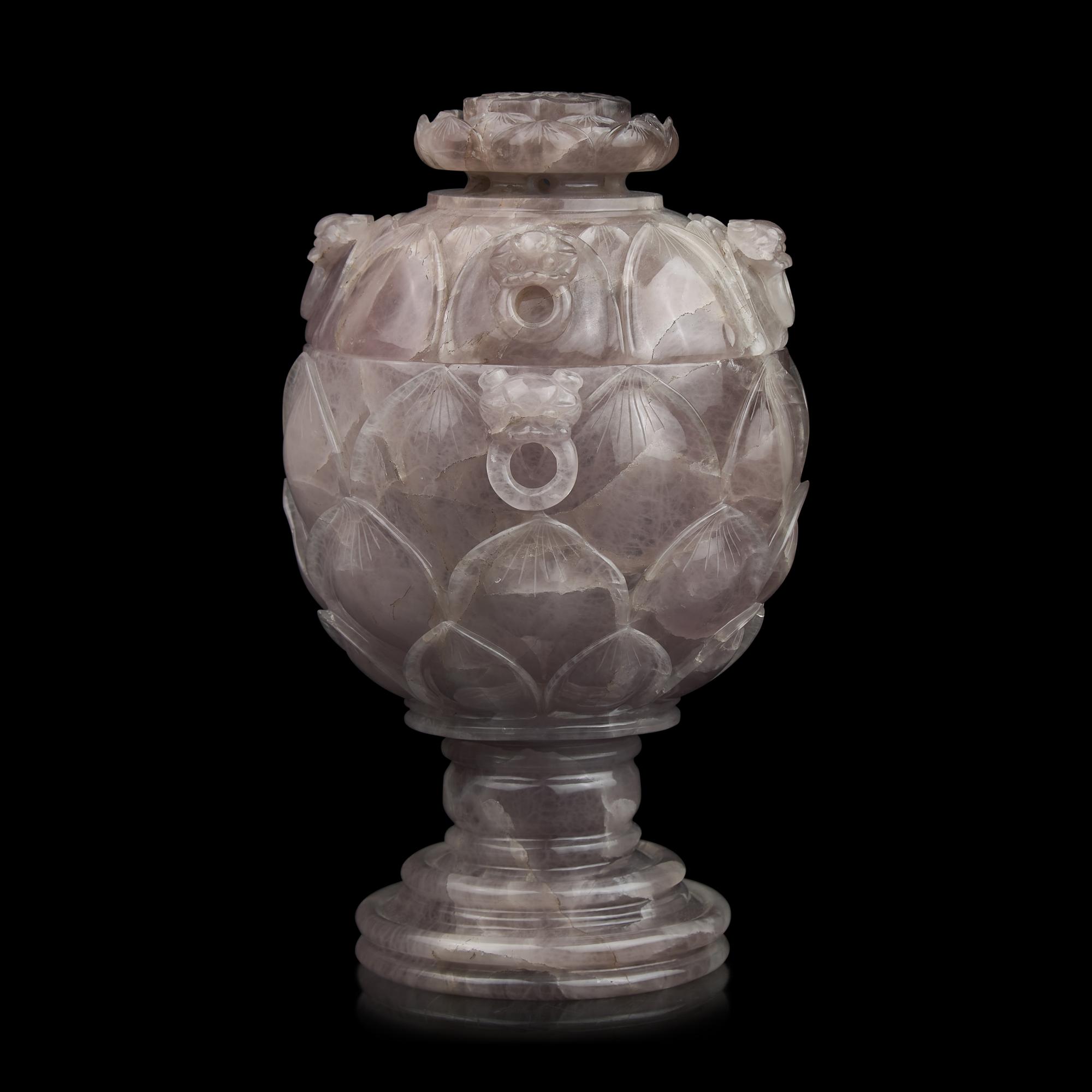 A Large Chinese Carved Amethystine Quartz "Lotus" Footed Vessel and Cover