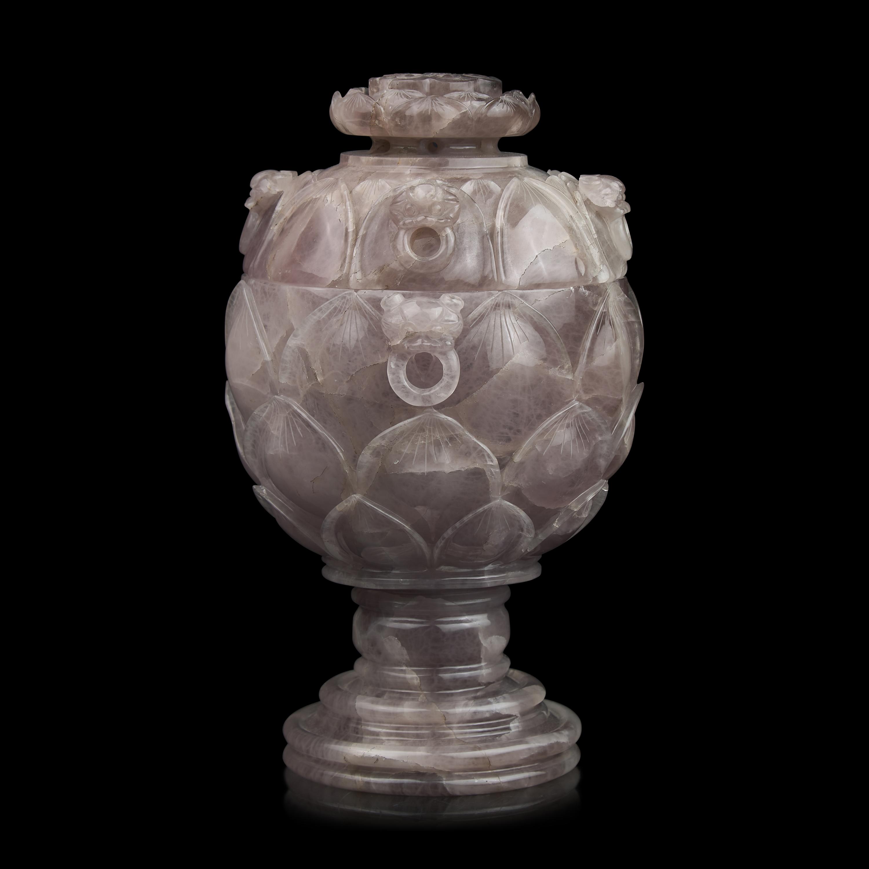 A Large Chinese Carved Amethystine Quartz "Lotus" Footed Vessel and Cover