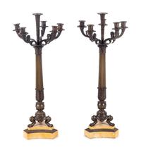 A Pair of Charles X Bronze and Sienna Marble Six-Light Candelabra