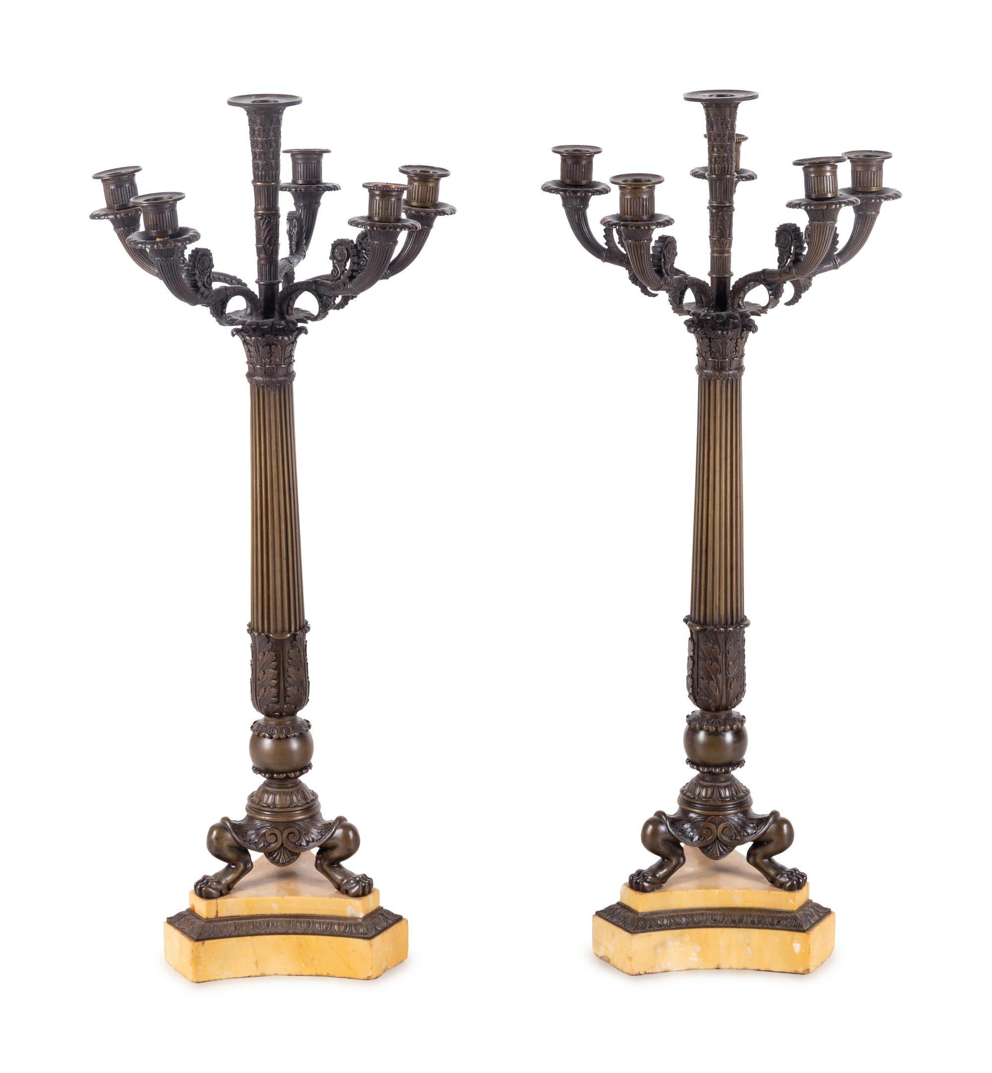 A Pair of Charles X Bronze and Sienna Marble Six-Light Candelabra