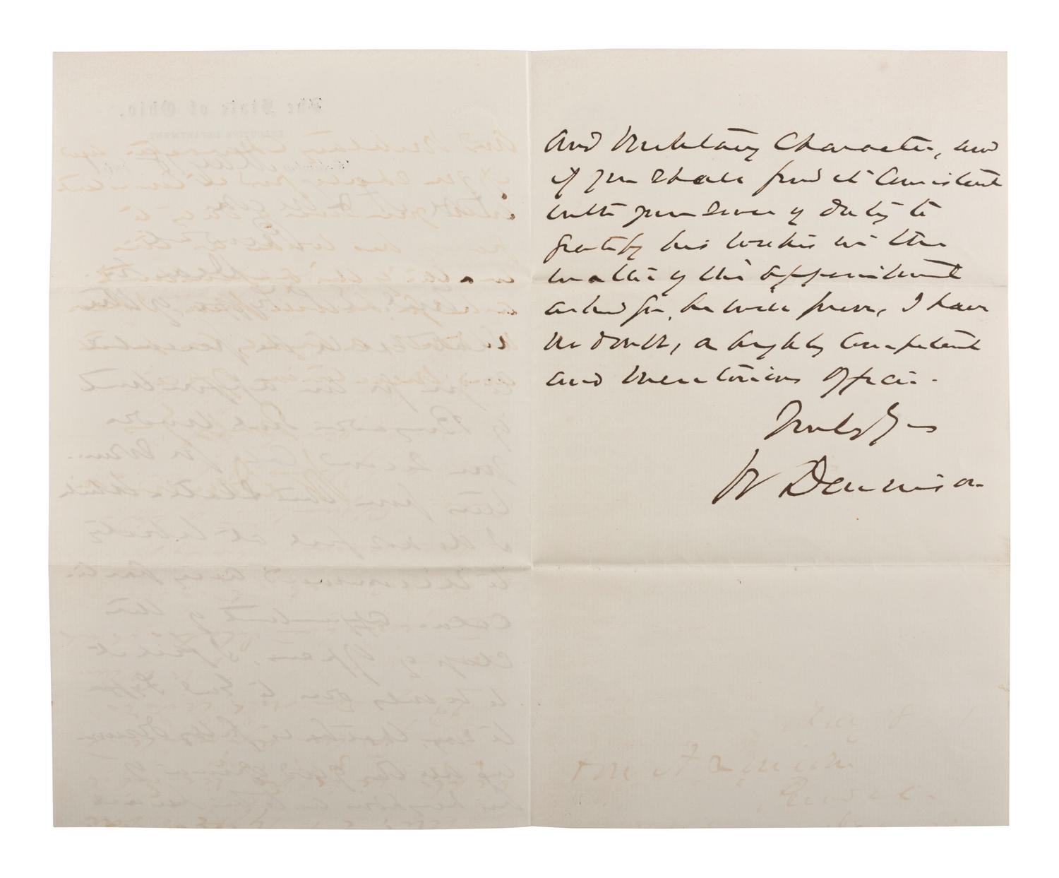 DENNISON, William (1815-1882). ALS as Ohio Governor, to Abraham Lincoln, with cover. 18 May 1861.