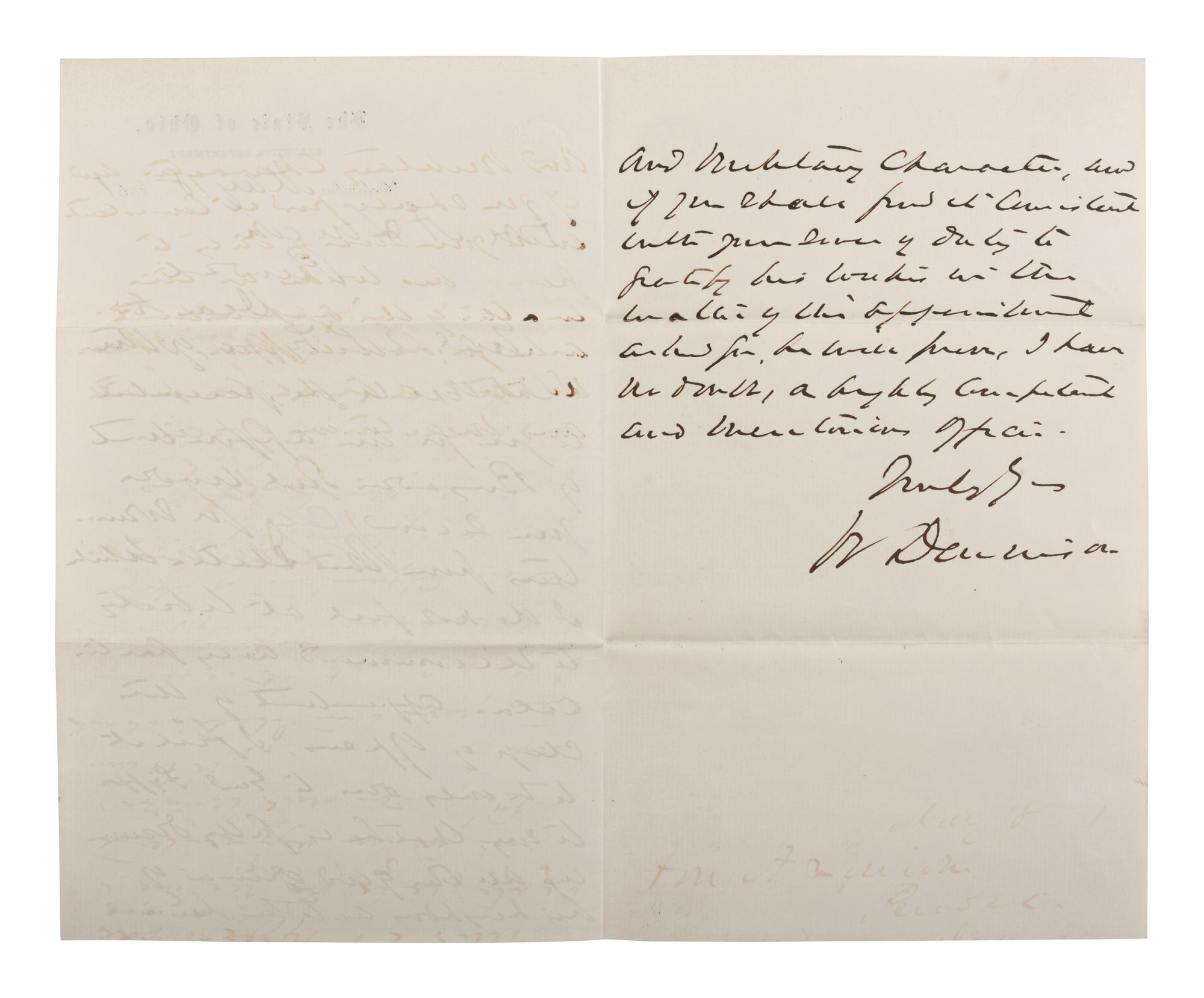 DENNISON, William (1815-1882). ALS as Ohio Governor, to Abraham Lincoln, with cover. 18 May 1861.