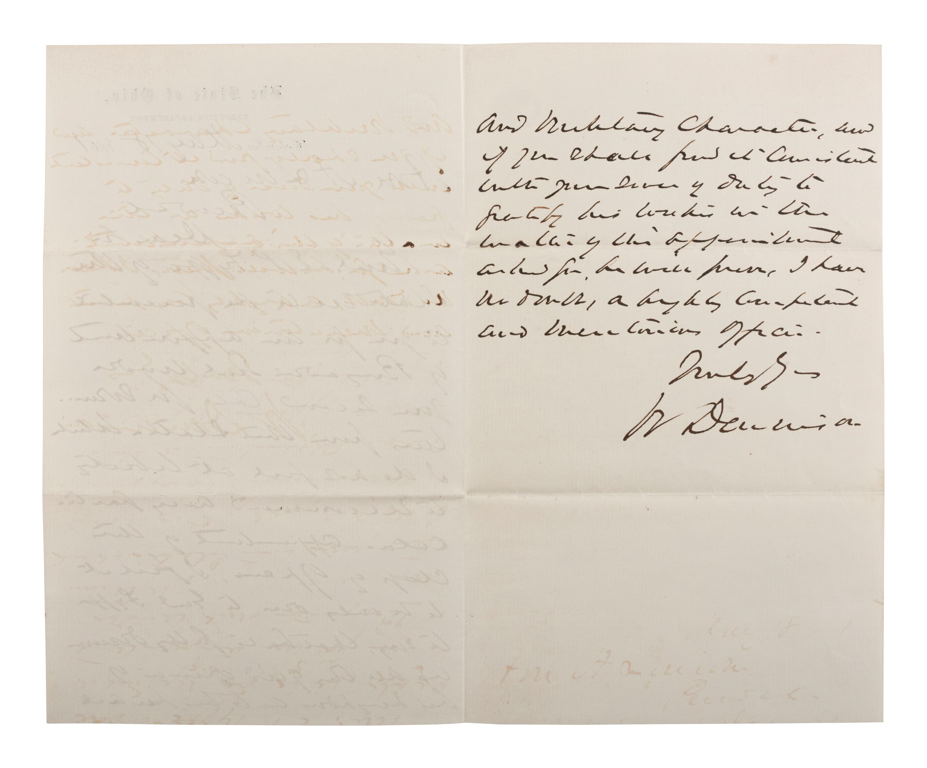 DENNISON, William (1815-1882). ALS as Ohio Governor, to Abraham Lincoln, with cover. 18 May 1861.