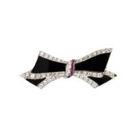 ONYX, RUBY, AND DIAMOND BOW BROOCH