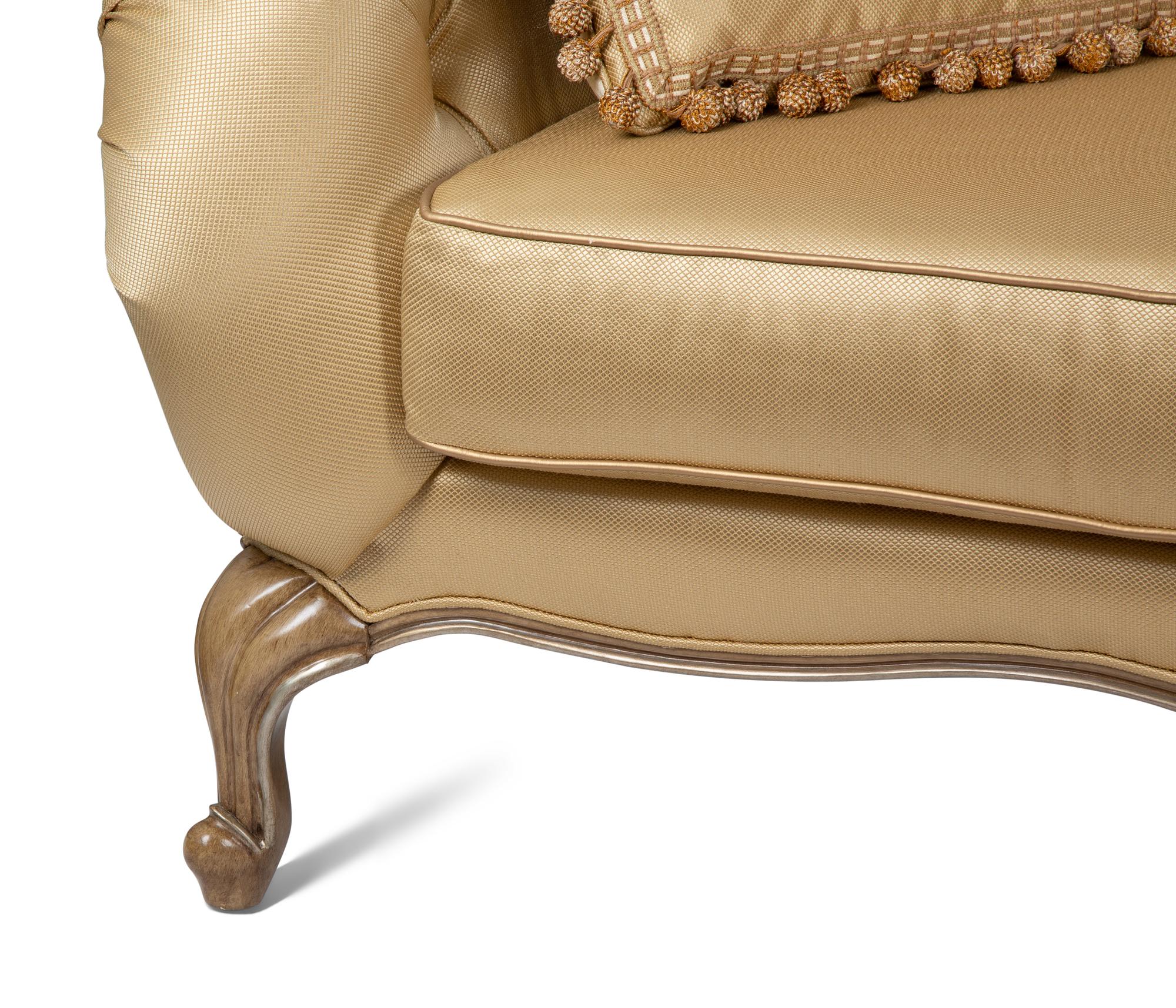 A Contemporary French Provincial Style Gold Silk and Cotton Upholstered Couch — 20TH CENTURY