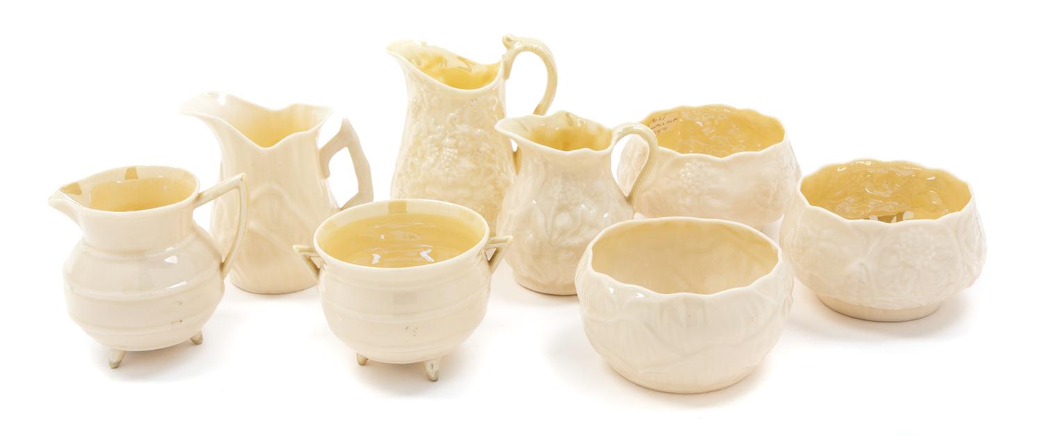 Four Belleek Creamer and Sugar Sets Height of tallest 4 1/8 inches. — THIRD BLACK MARK (1926-1946)