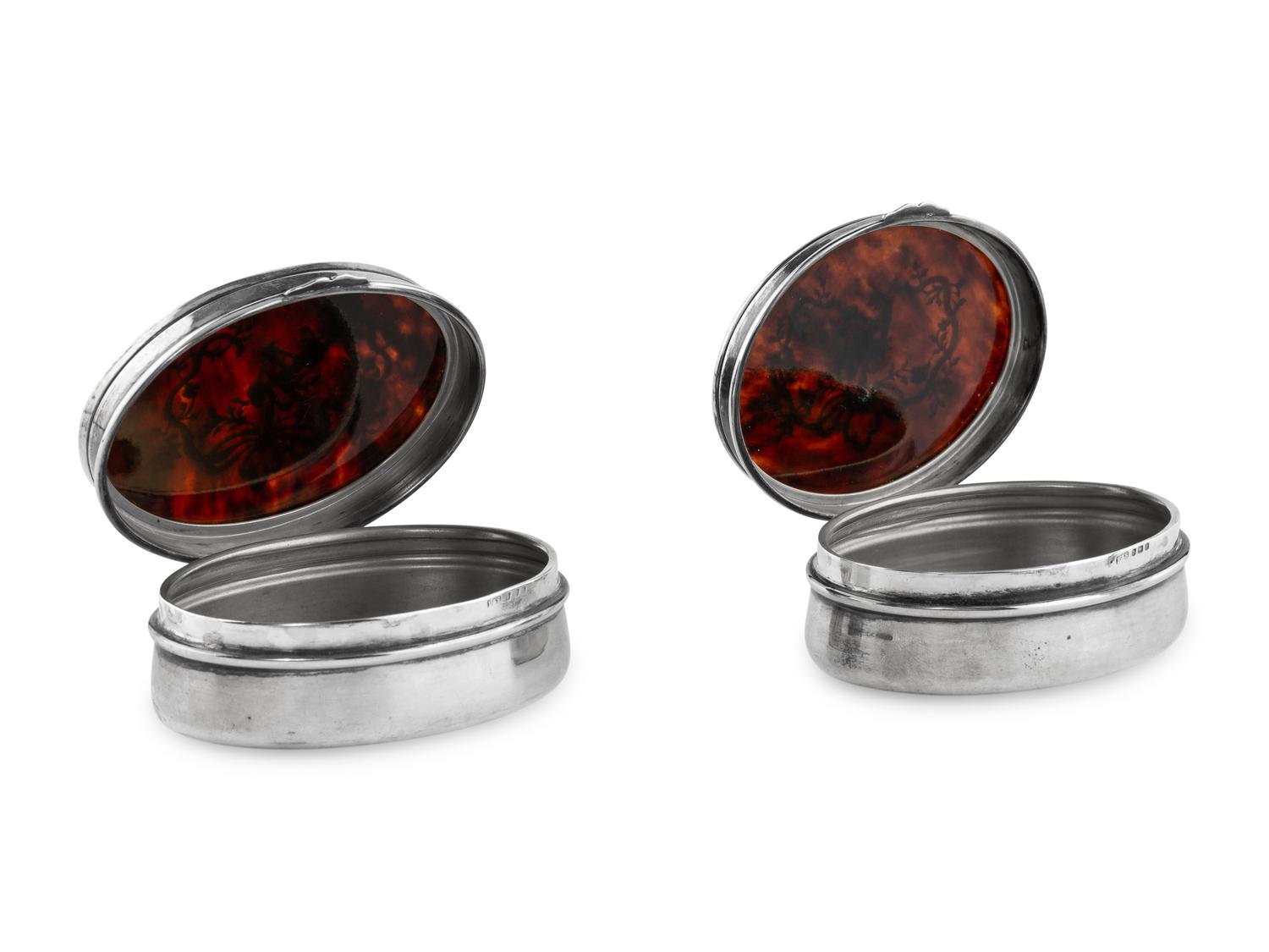 A Pair of English Silver and Tortoise-Shell Mounted Dresser Boxes