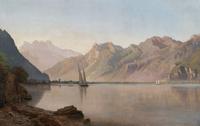 Mountain Lake with Sailboats