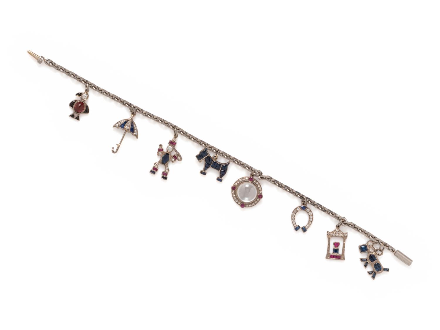 ART DECO, DIAMOND AND MULTIGEM CHARM BRACELET