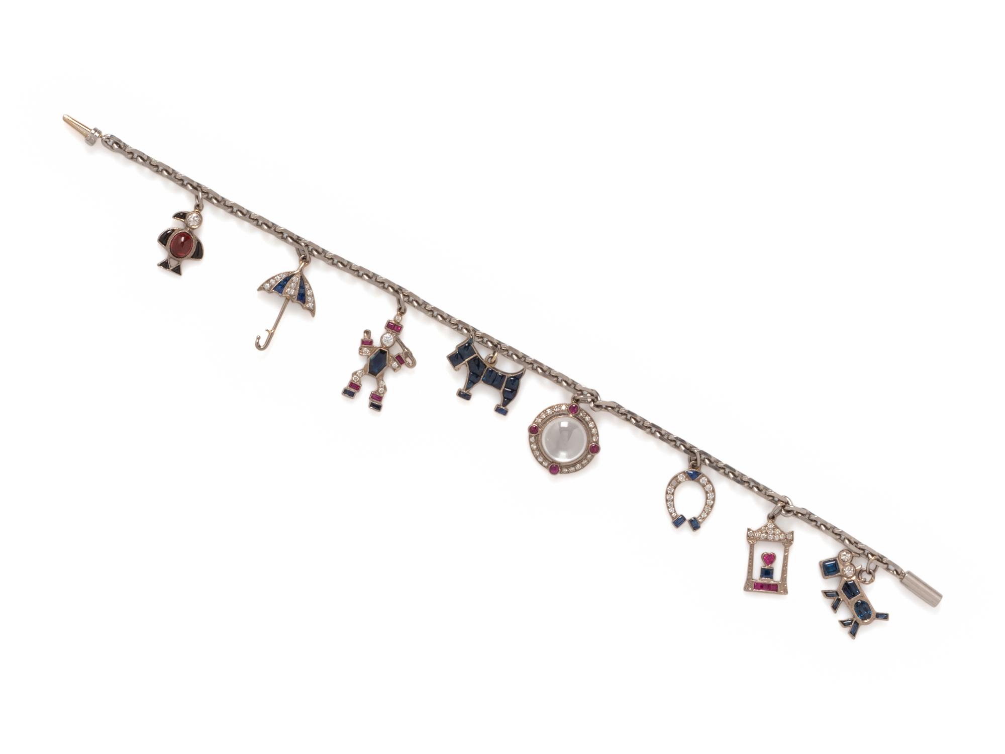 ART DECO, DIAMOND AND MULTIGEM CHARM BRACELET