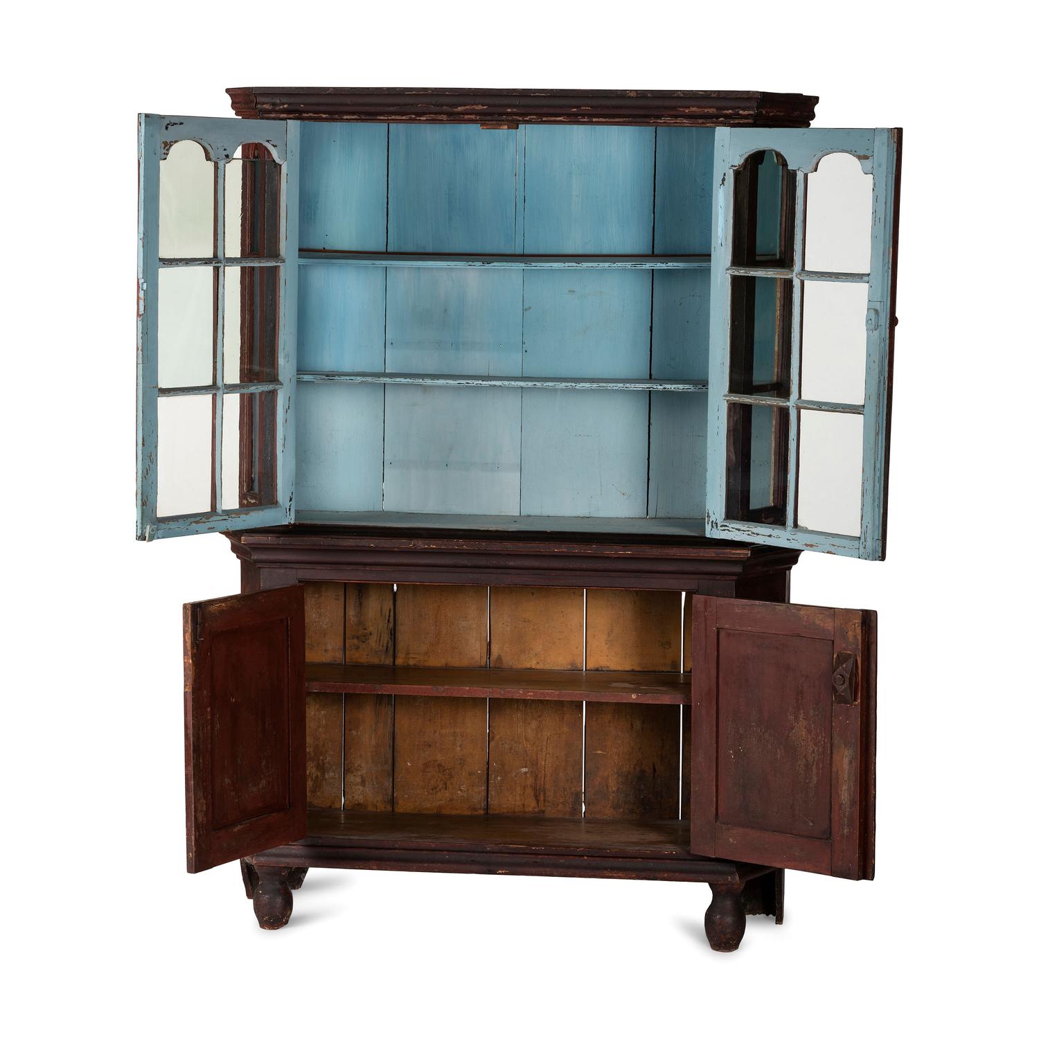 A Federal Red and Blue Painted Paneled Pine Cupboard