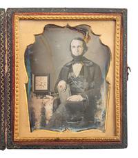 [EARLY PHOTOGRAPHY]. Sixth plate daguerreotype portrait of a possible horologist posed with tools and clock.
