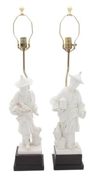 A Pair of Chinese Blanc-de-Chine Porcelain Figures Height overall 34, height of figures 17 inches. — 20TH CENTURY