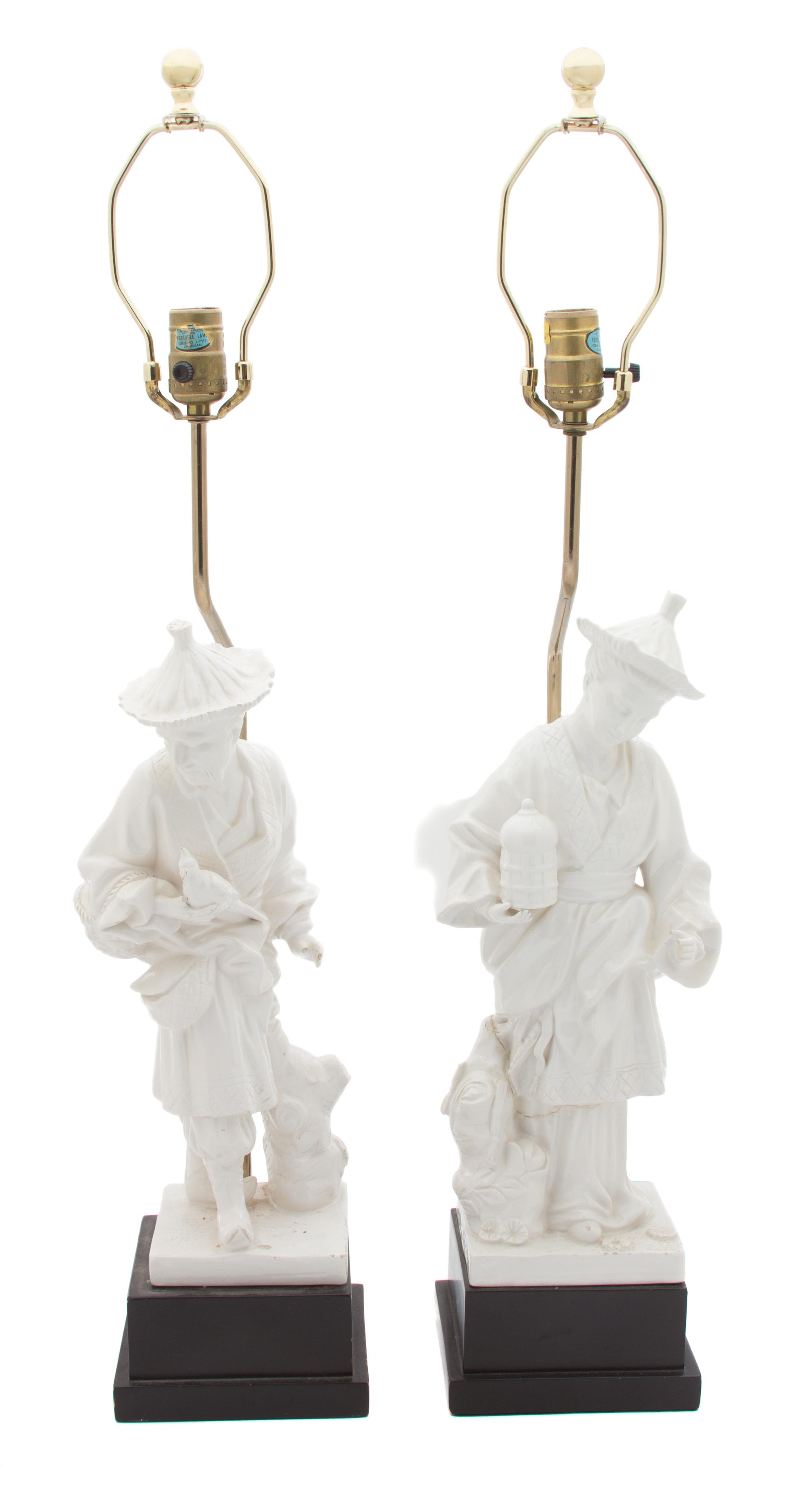 A Pair of Chinese Blanc-de-Chine Porcelain Figures Height overall 34, height of figures 17 inches. — 20TH CENTURY
