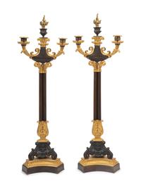 A Pair of Louis Philippe Style Gilt and Patinated Bronze Three-Light Candelabra