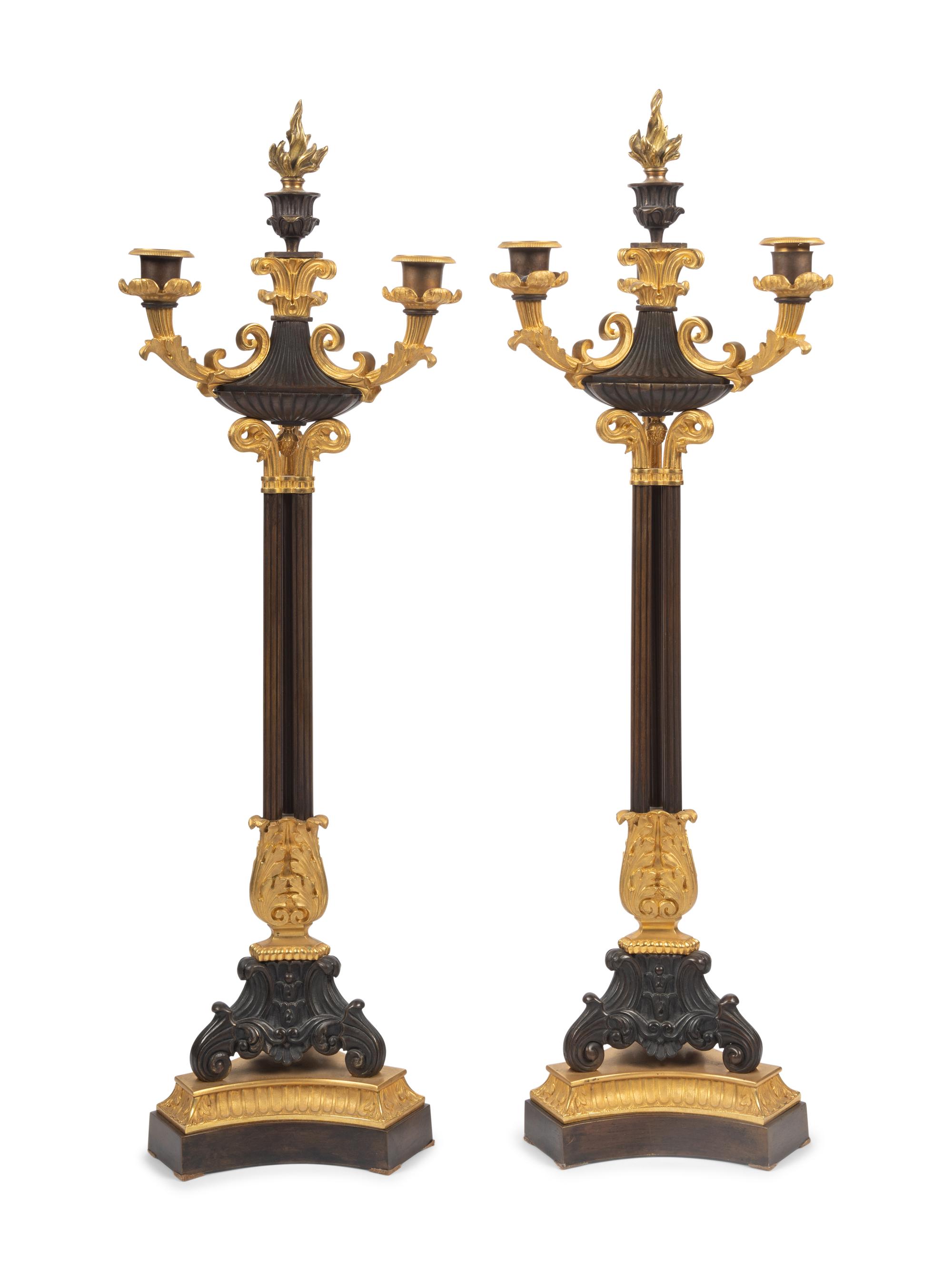 A Pair of Louis Philippe Style Gilt and Patinated Bronze Three-Light Candelabra