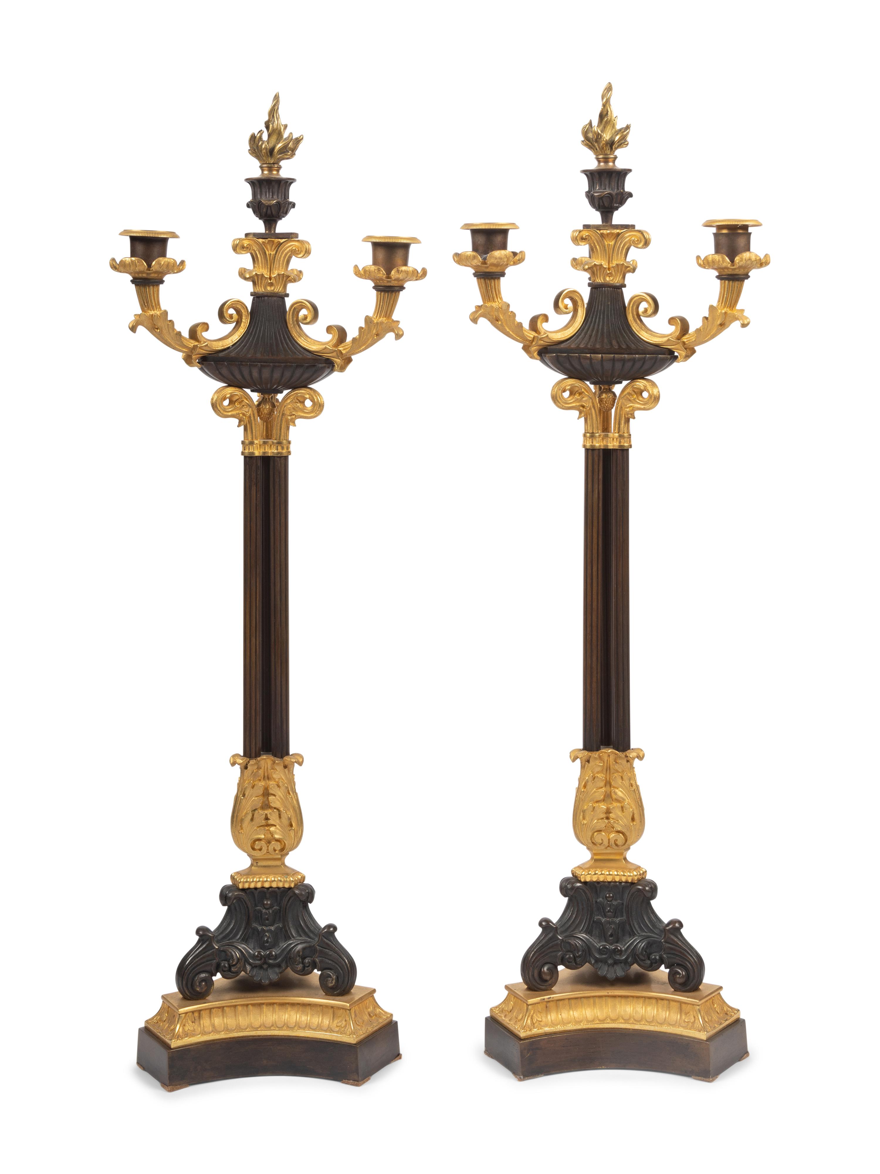 A Pair of Louis Philippe Style Gilt and Patinated Bronze Three-Light Candelabra