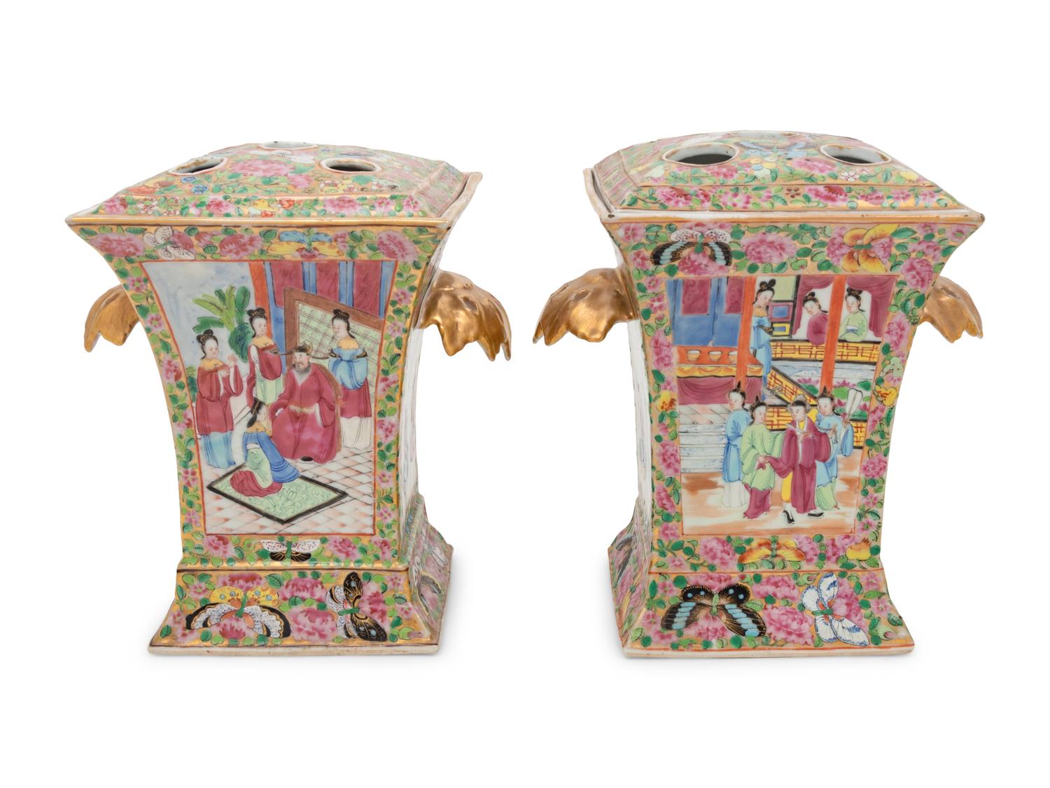 A Pair of Export Rose Medallion Porcelain Cache Pots, Tulip Vases