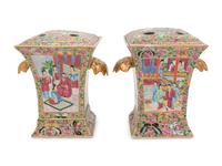 A Pair of Export Rose Medallion Porcelain Cache Pots, Tulip Vases