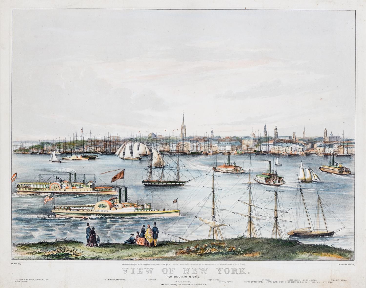 CURRIER, NATHANIEL New York, 1849 View of New York from Brooklyn Heights, hand-colored lit... — New York, 1849