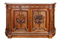 A Victorian Marquetry Decorated Oak Sideboard Height 46 1/4 x width 71 1/2 x depth 21 inches.