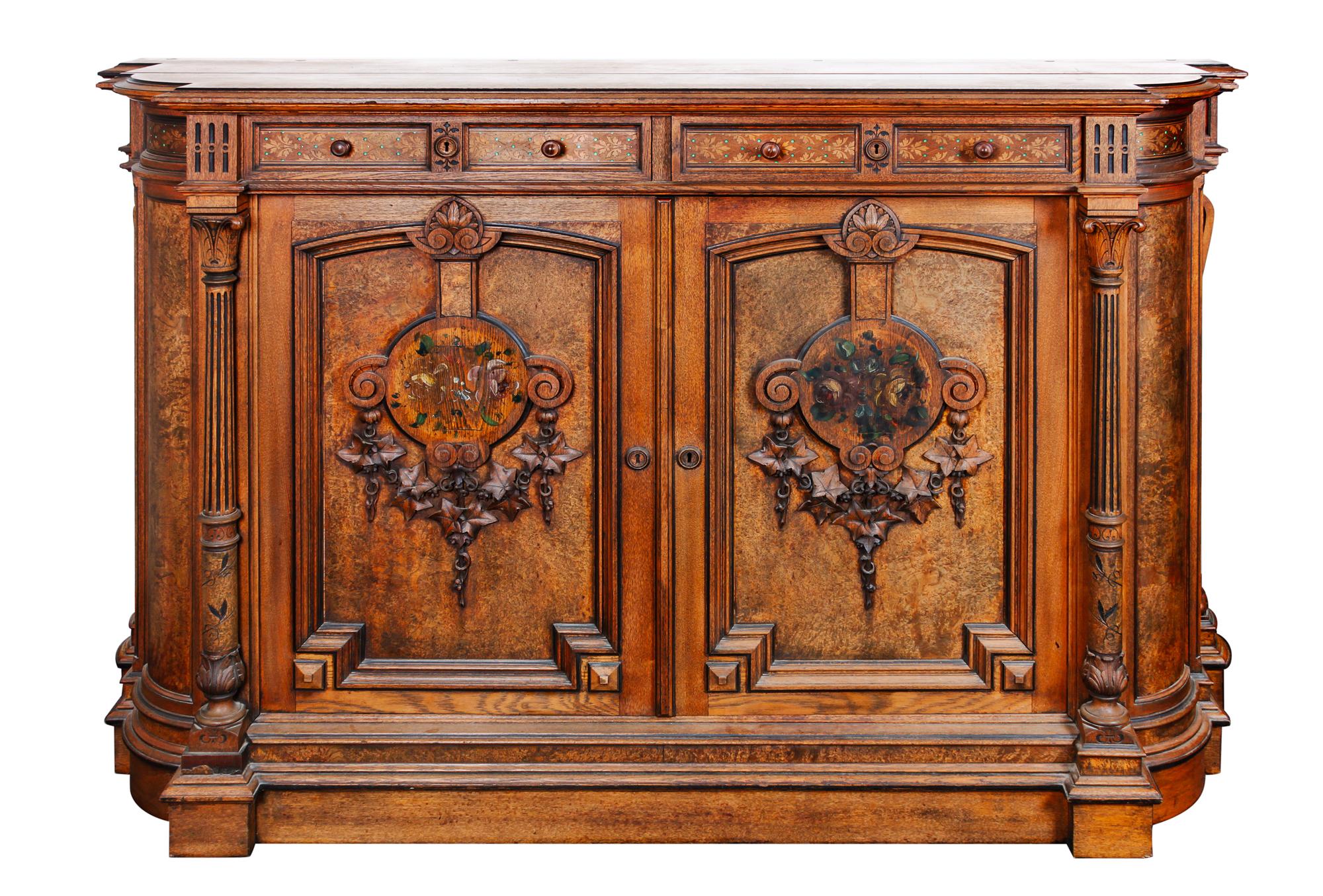 A Victorian Marquetry Decorated Oak Sideboard Height 46 1/4 x width 71 1/2 x depth 21 inches.