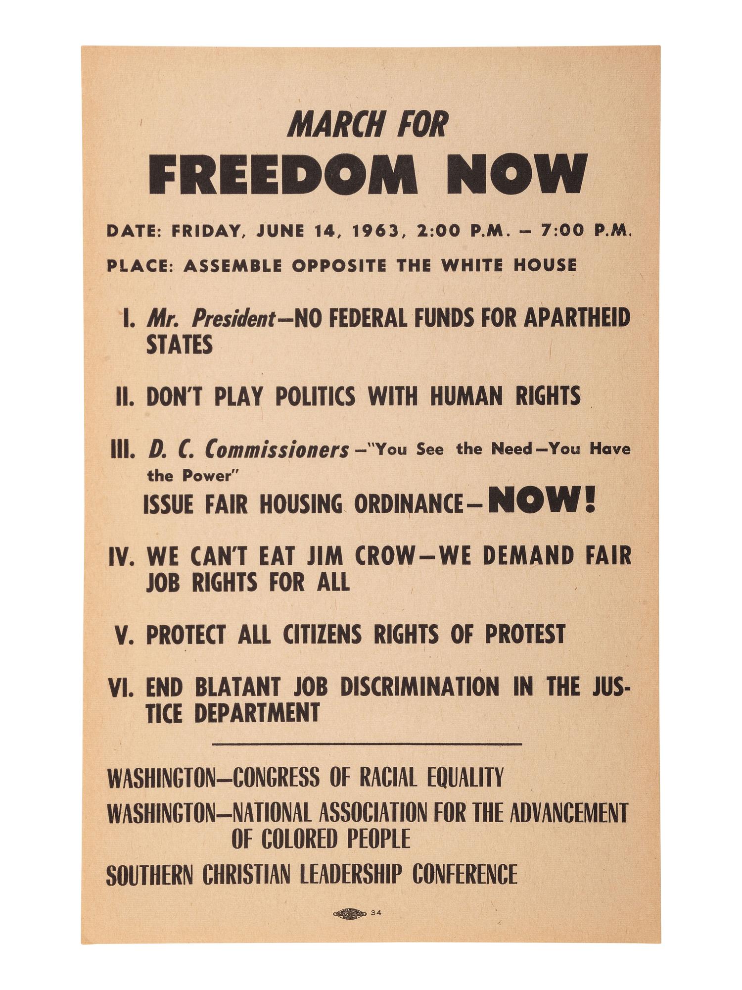 [CIVIL RIGHTS]. March for Freedom Now...Assemble Opposite the White House . [Washington, DC], 14 June 1963. Handbill for march scheduled three days after John F. Kennedy's televised civil rights address.