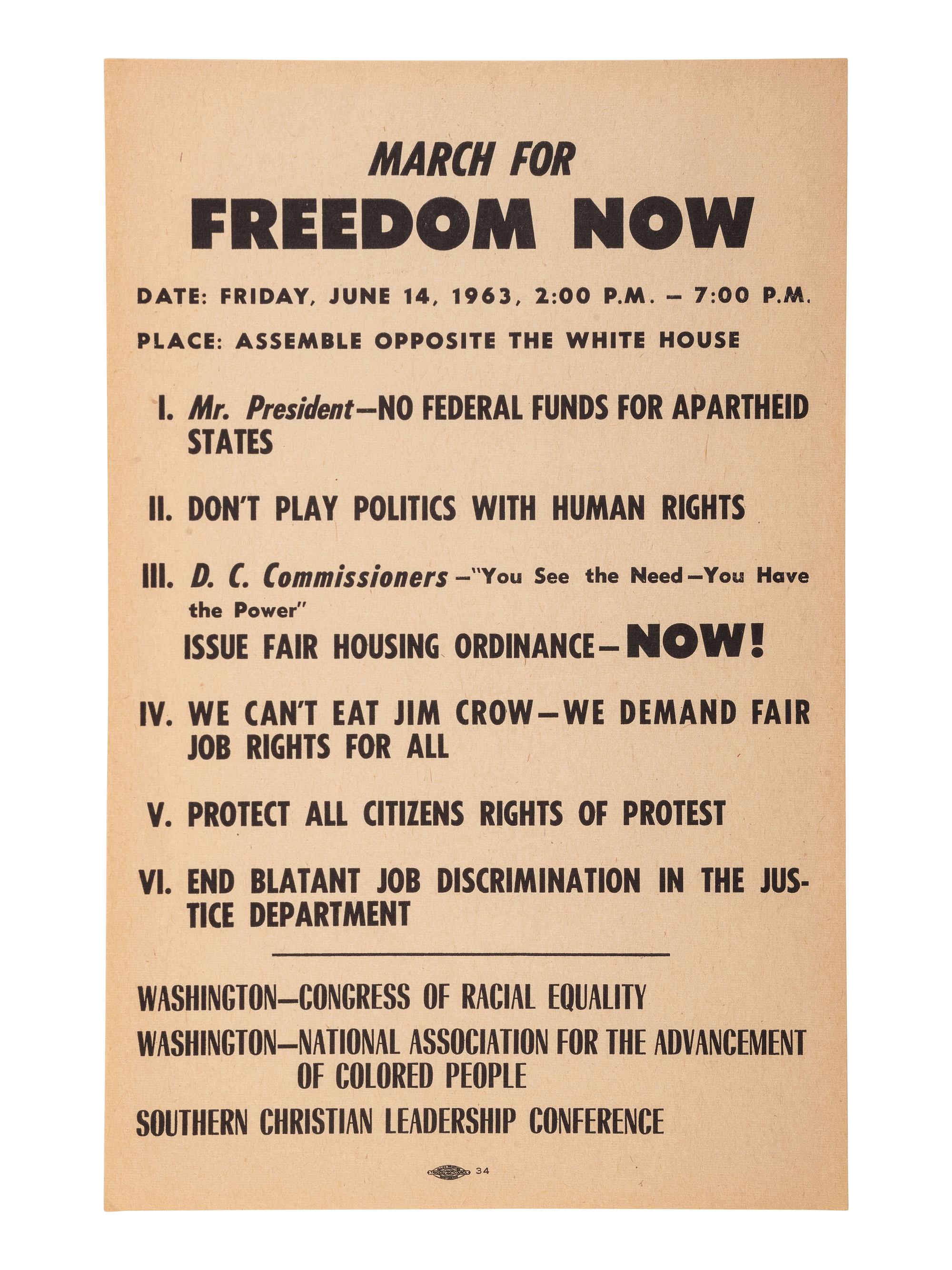 [CIVIL RIGHTS]. March for Freedom Now...Assemble Opposite the White House . [Washington, DC], 14 June 1963. Handbill for march scheduled three days after John F. Kennedy's televised civil rights address.
