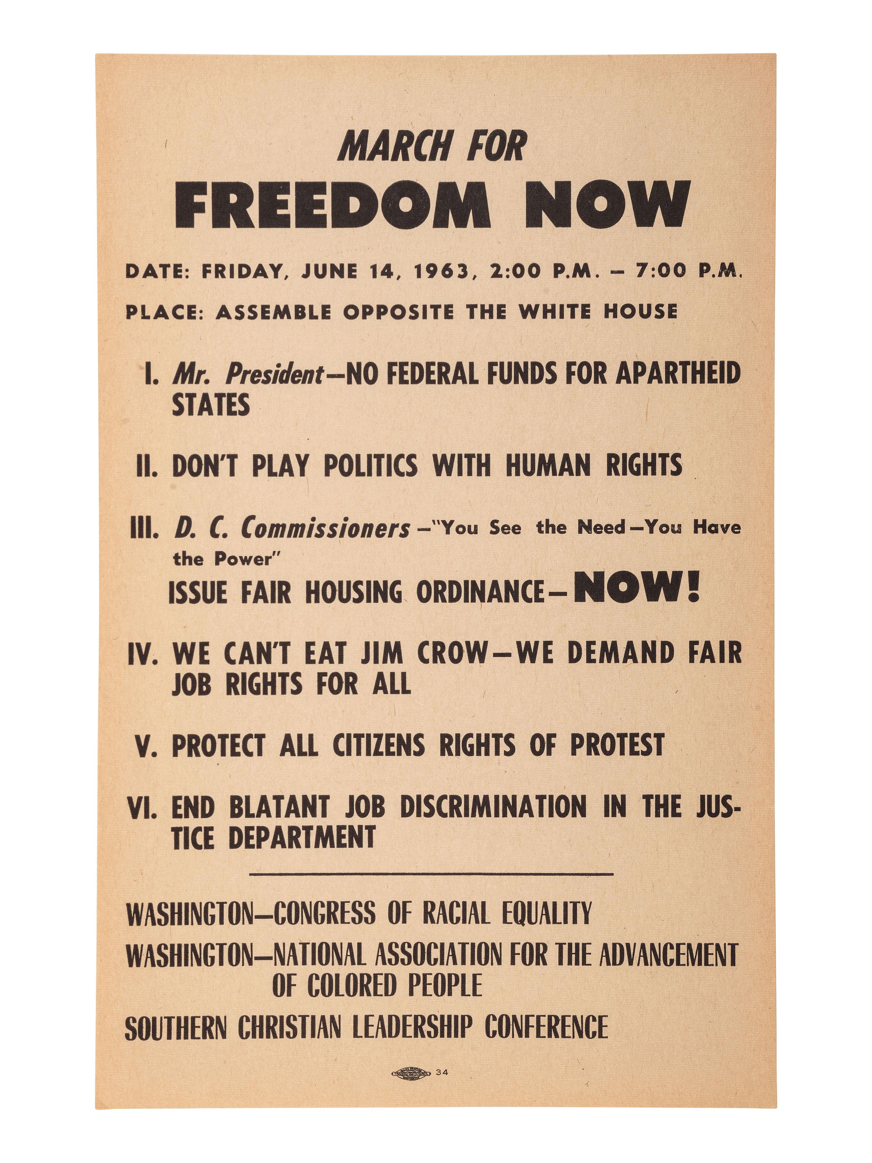 [CIVIL RIGHTS]. March for Freedom Now...Assemble Opposite the White House . [Washington, DC], 14 June 1963. Handbill for march scheduled three days after John F. Kennedy's televised civil rights address.