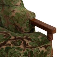 A Pair of English Oak Wingback Armchairs with Custom Velvet Upholstery
