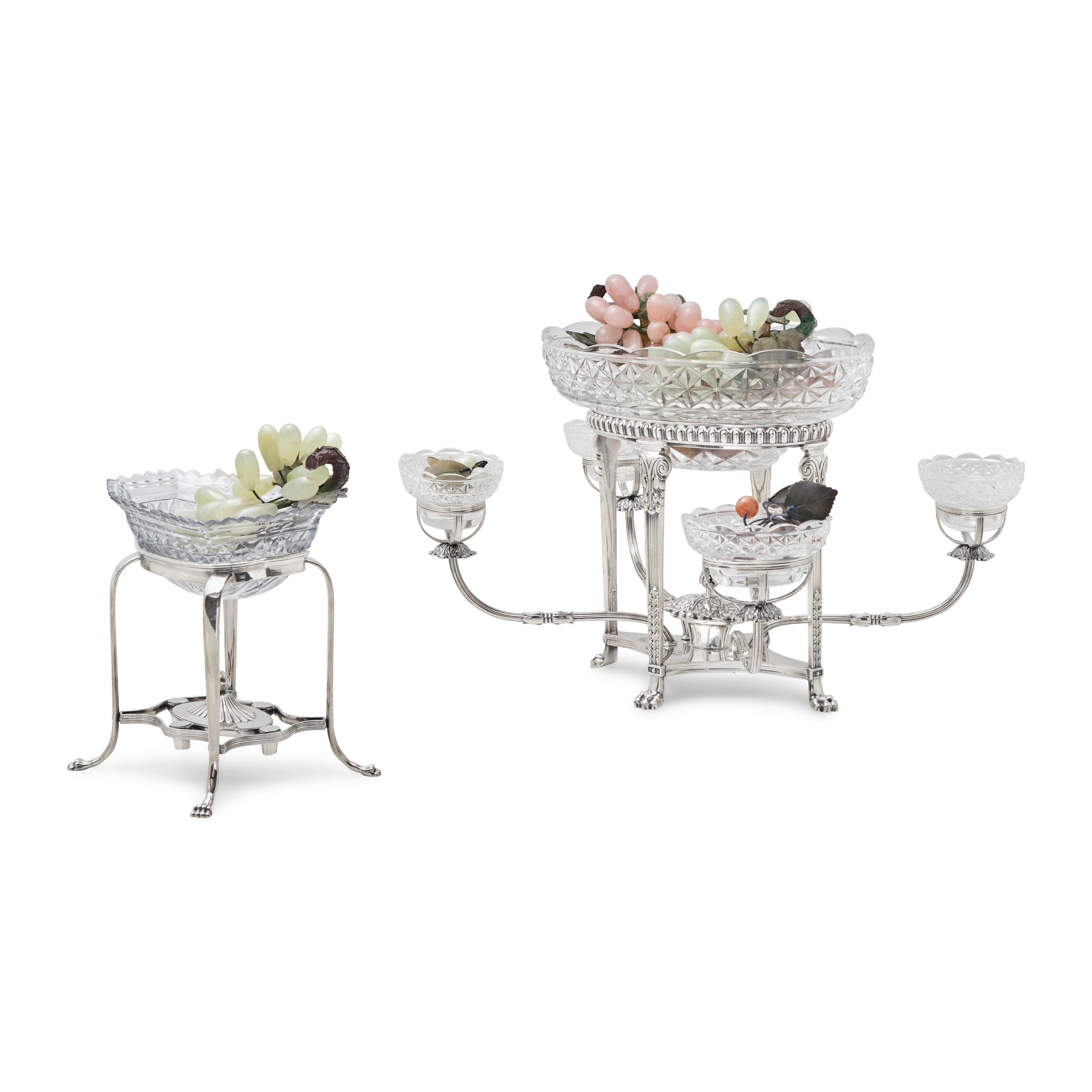 Two George III Silver-Plate and Waterford Cut Glass Epergnes