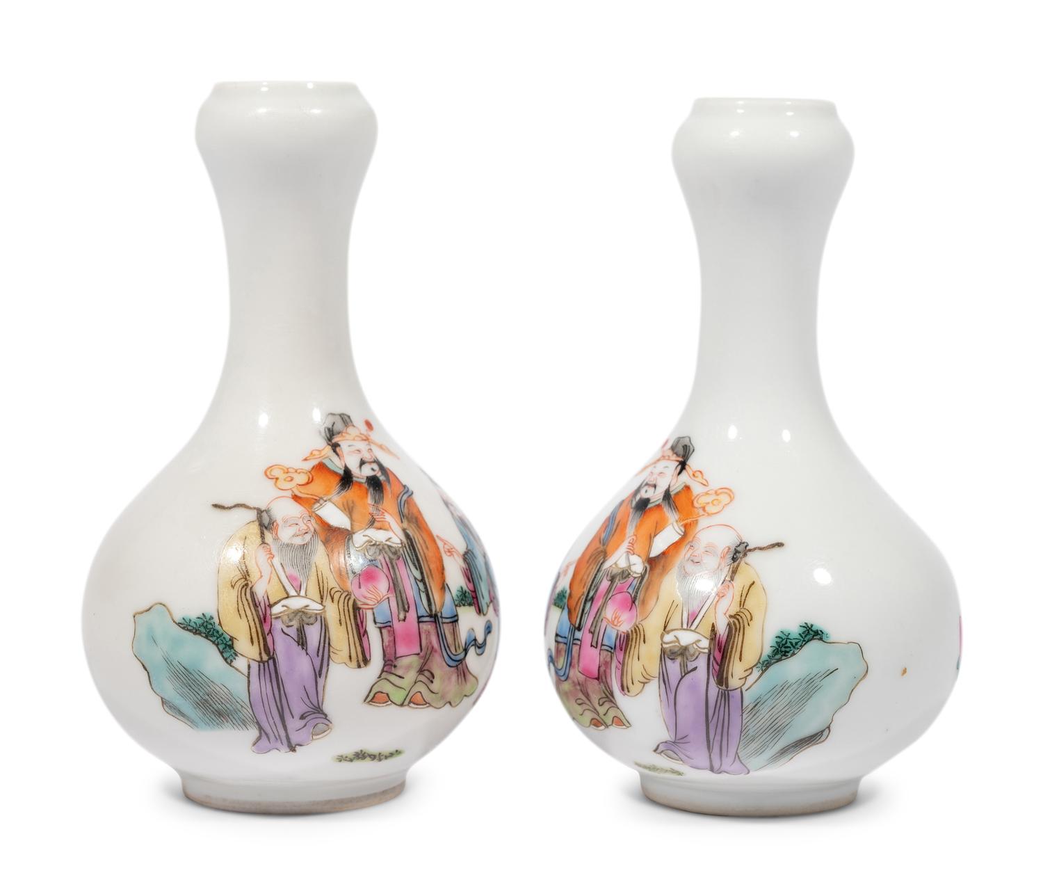 A Pair of Chinese Famille Rose Porcelain Bottle Vases
