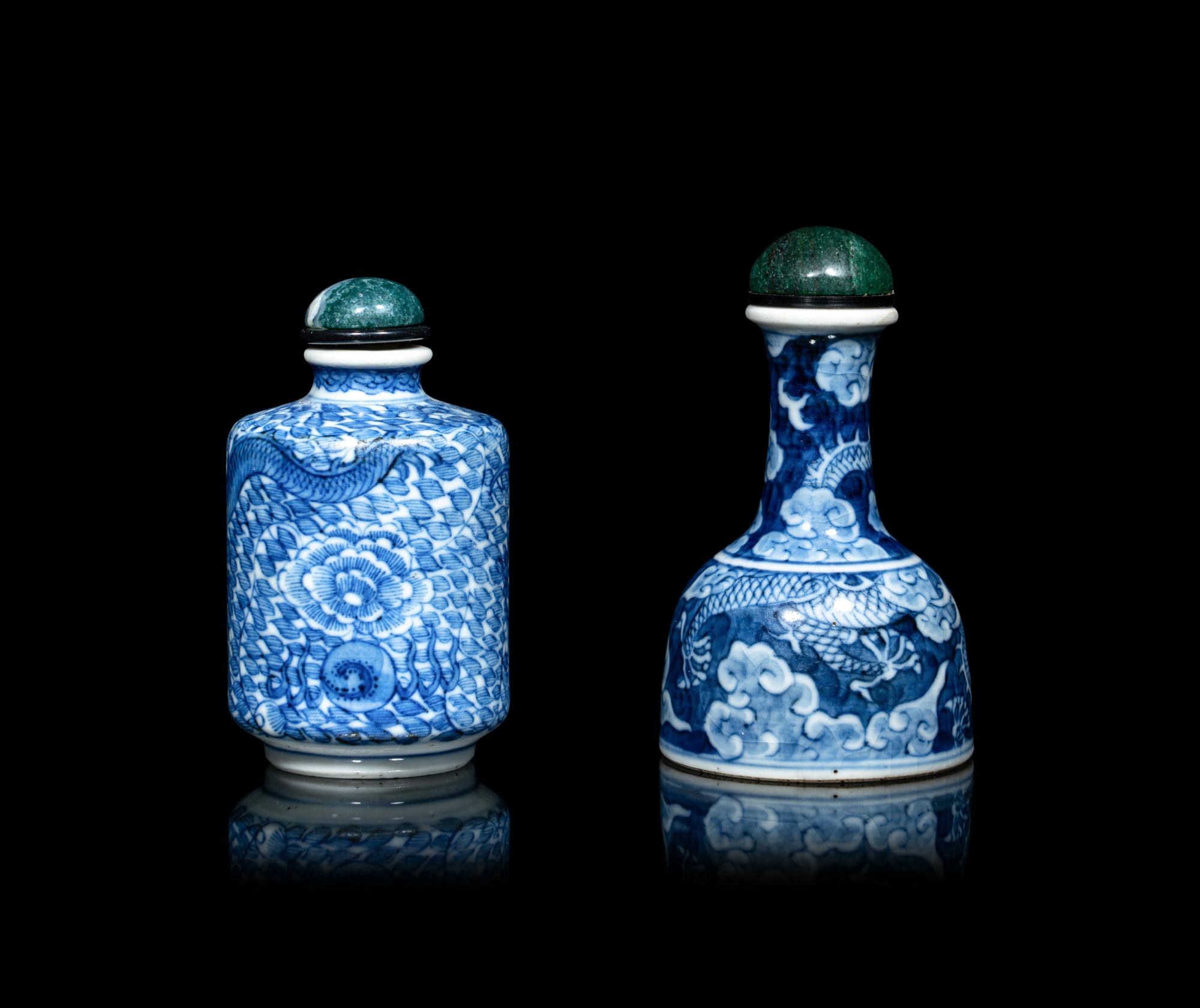 Two Chinese Blue and White Porcelain 'Dragon' Snuff Bottles