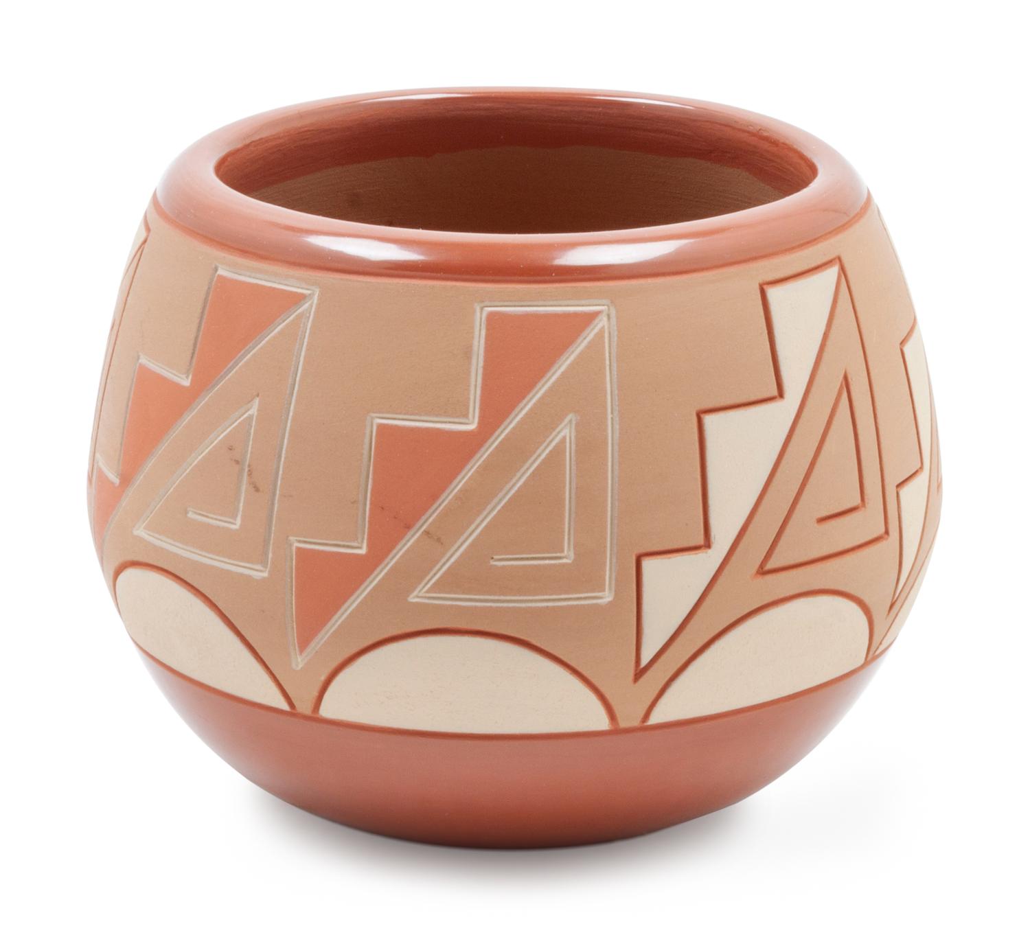 Geometric Carved Redware Vessel