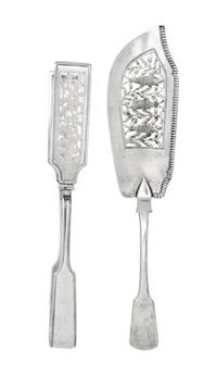 Two English Silver Serving Articles, , comprising a pair of asparagus tongs, Edward & John Barnard, London, 1861, with thread borders a
